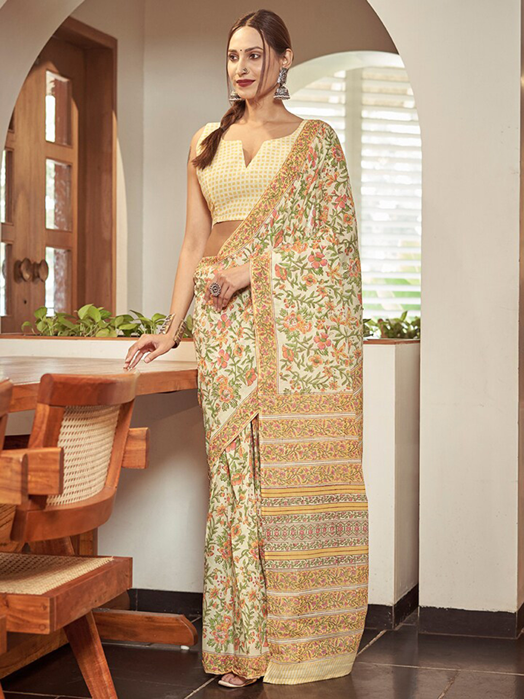 modeva Floral Pure Cotton Bagru Printed Ready To Wear Saree