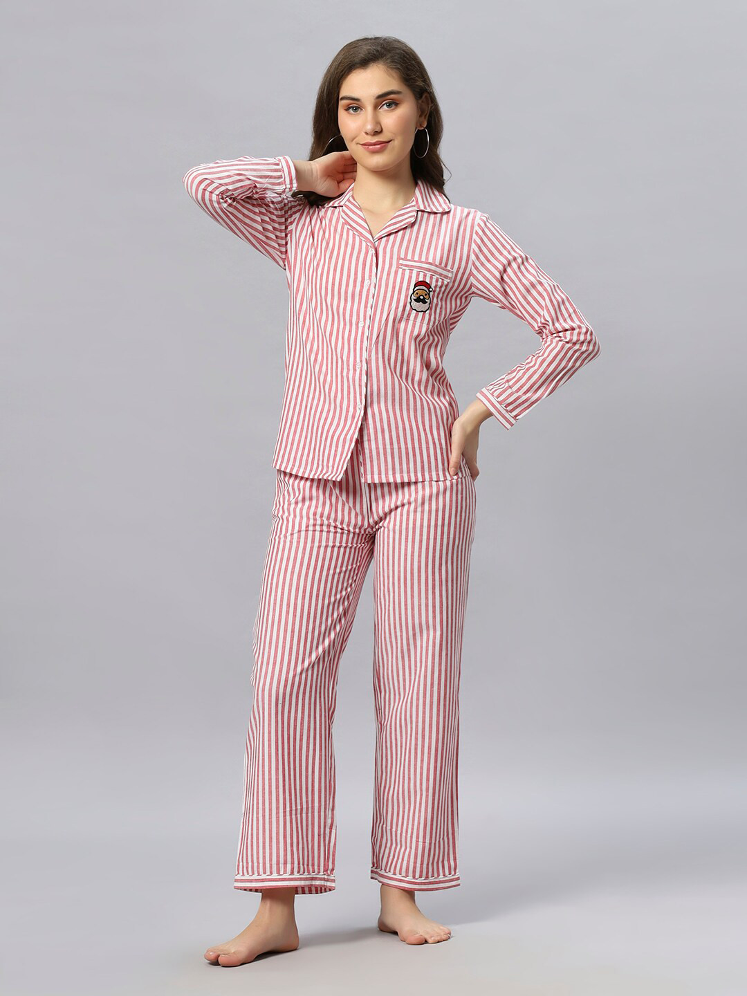 Ashtag Striped Santa Pure Cotton Night Suit