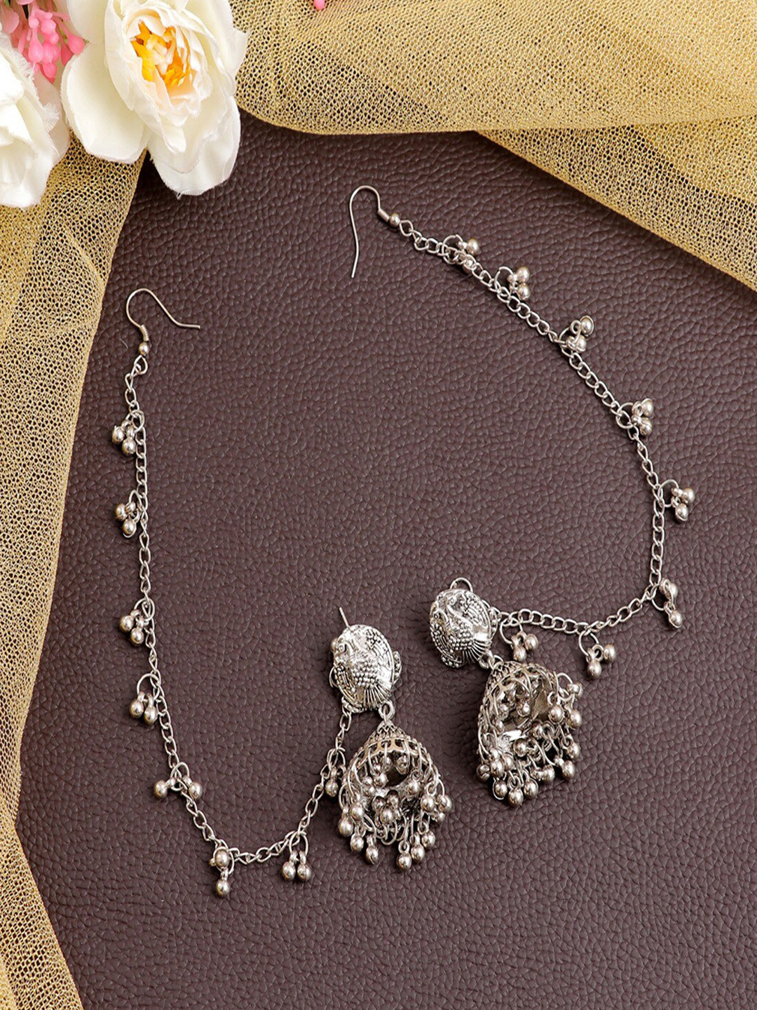 UNIVERSITY TRENDZ Silver-Plated Classic Studded & Beaded Jhumkas