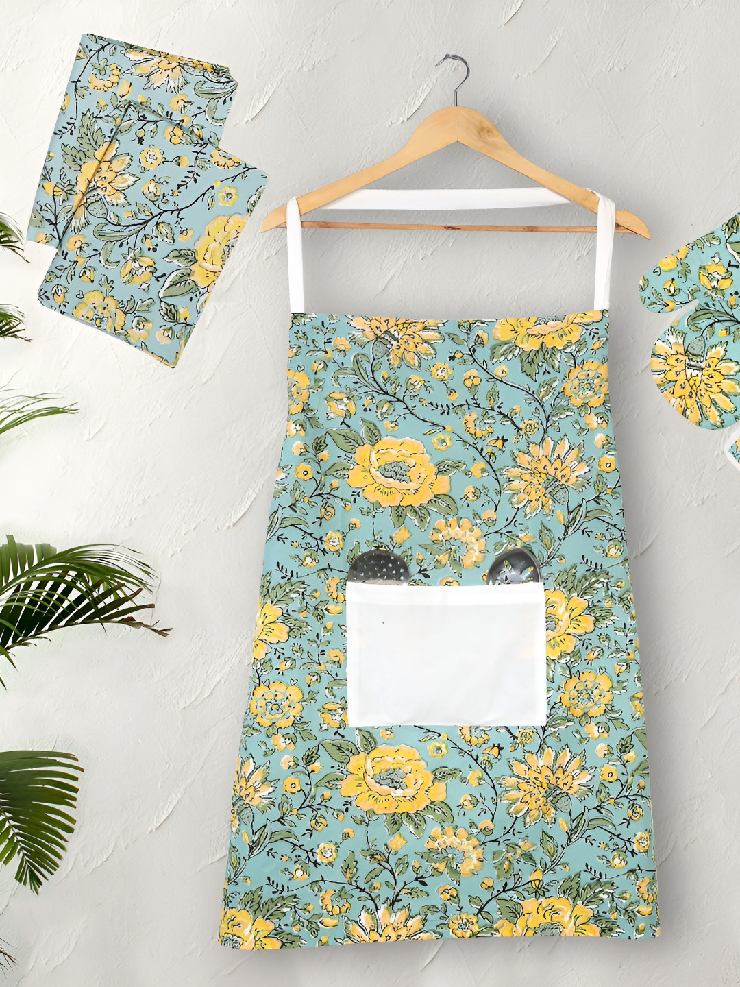 Texstylers Green 5 Pieces Floral Printed Kitchen Cotton Linen Sets