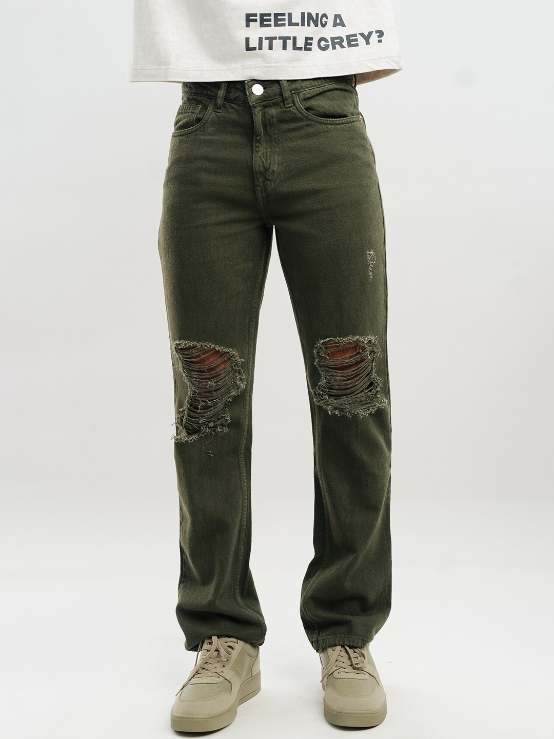 FREAKINS Men Olive Green Wide Leg Mildly Distressed Pure Cotton Jeans