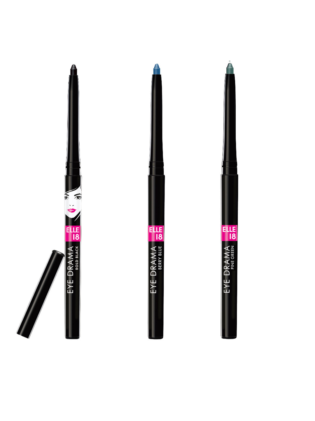 ELLE 18 Set Of 3 Eye Drama Smudge-Proof Kajal - Pine Green - Berry Blue - Bold Black