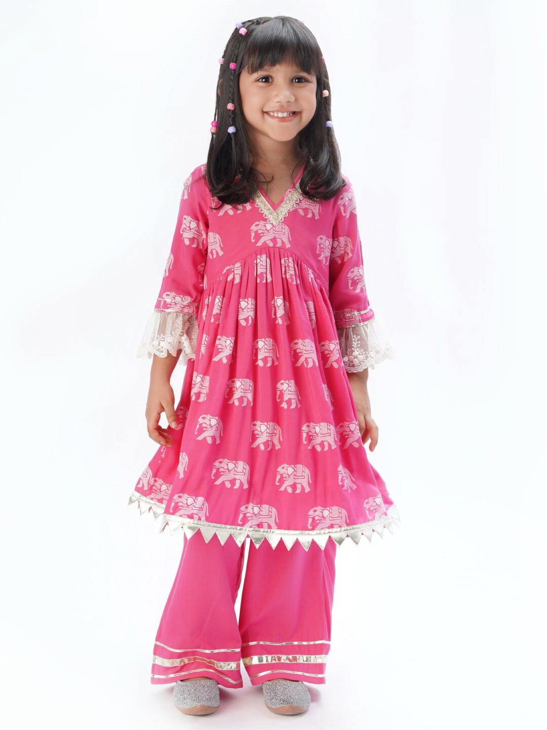 LIL DRAMA Girls V-Neck  elepant Printed Empire Kurta with Trousers