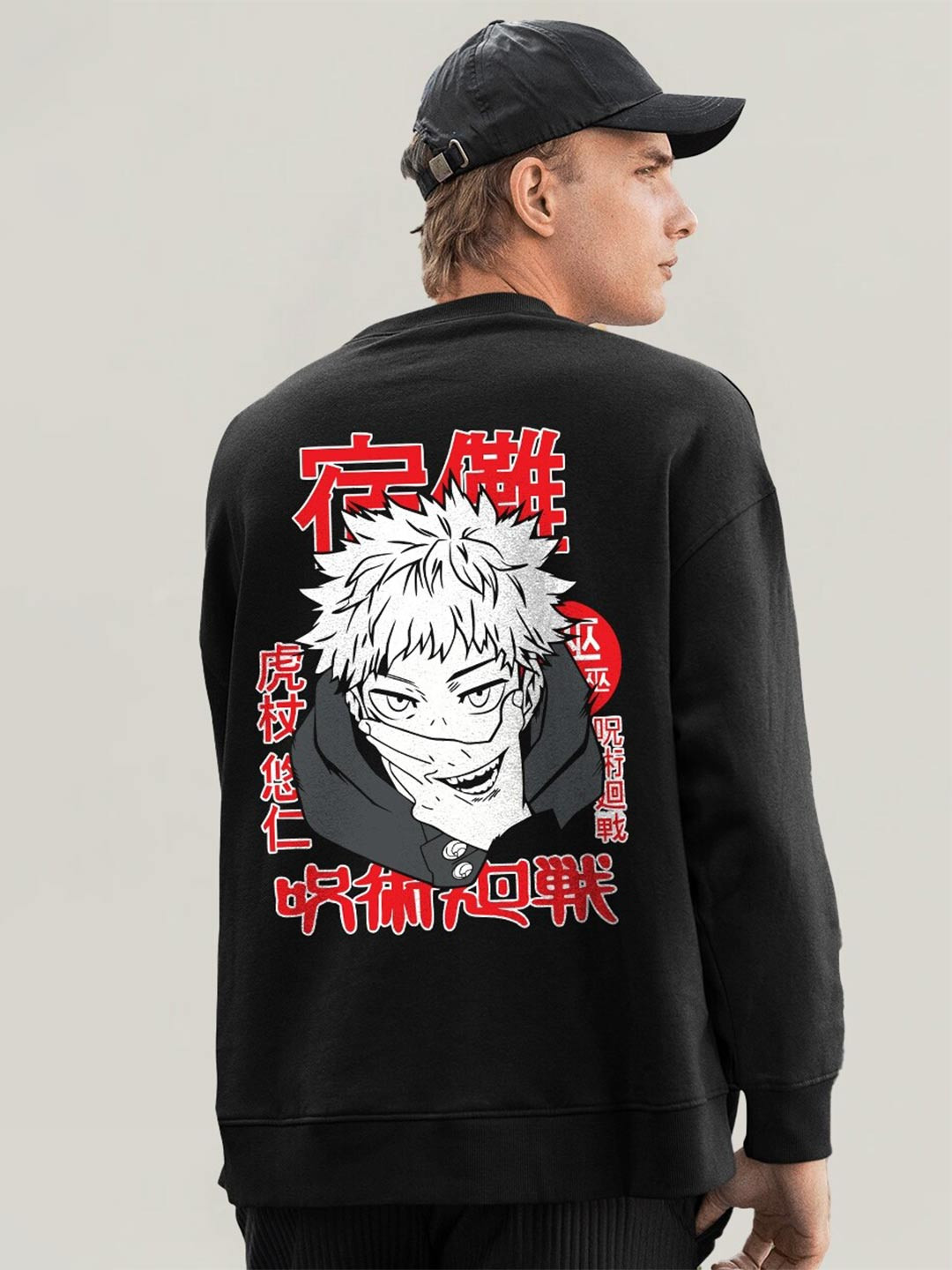 PRONK Yuji Itadori Anime Printed Round Neck Long Sleeves Cotton Pullover Sweatshirt