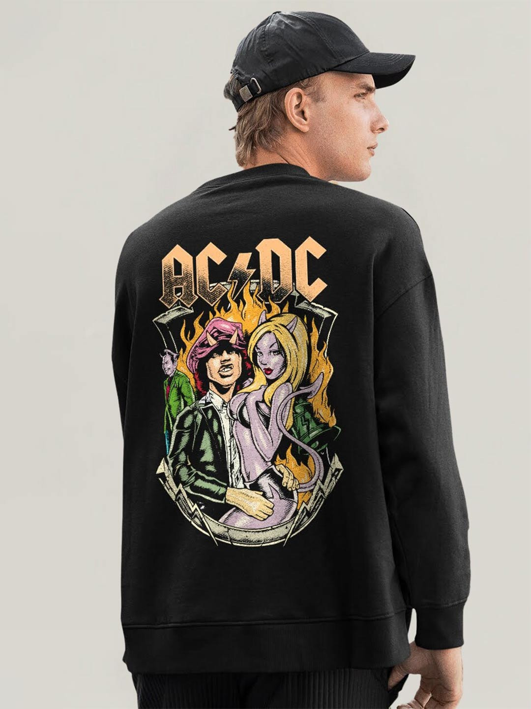 PRONK Fire AC-DC Printed Round Neck Long Sleeves Cotton Pullover Sweatshirt