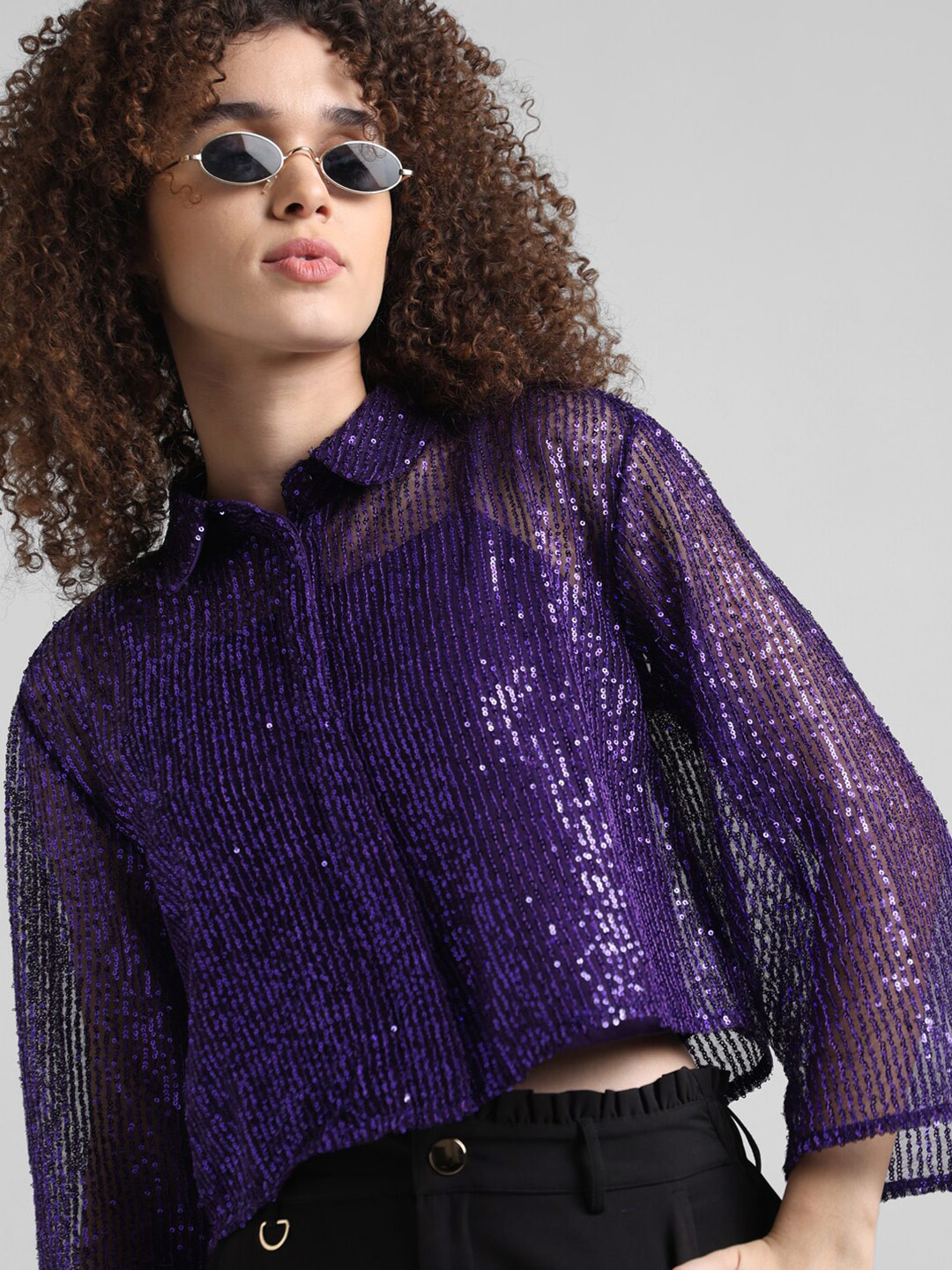 ONLY Embellished Mandarin Collar Sequined Shirt Style Top