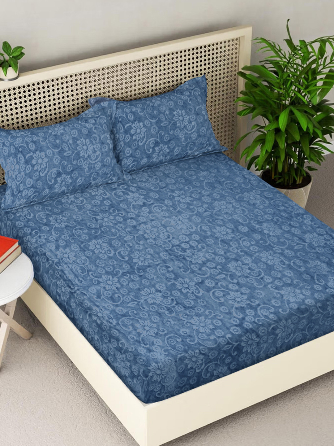 FABINALIV Blue Floral Wool Skin-Friendly 300 TC King Fine Bedsheet with 2 Pillow Covers-98 x 89 inches
