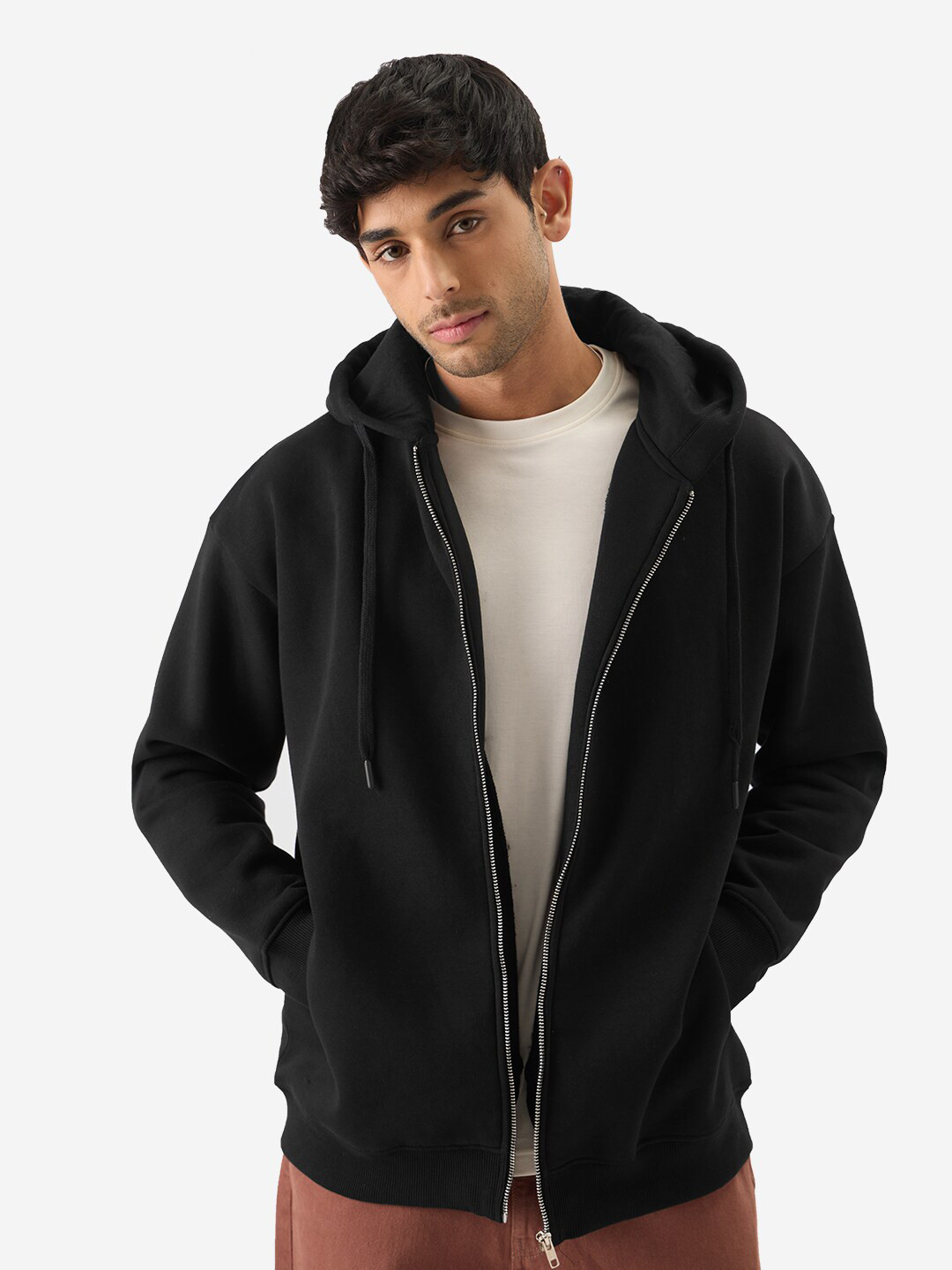 The Souled Store Black Hooded Front Open Sweatshirt