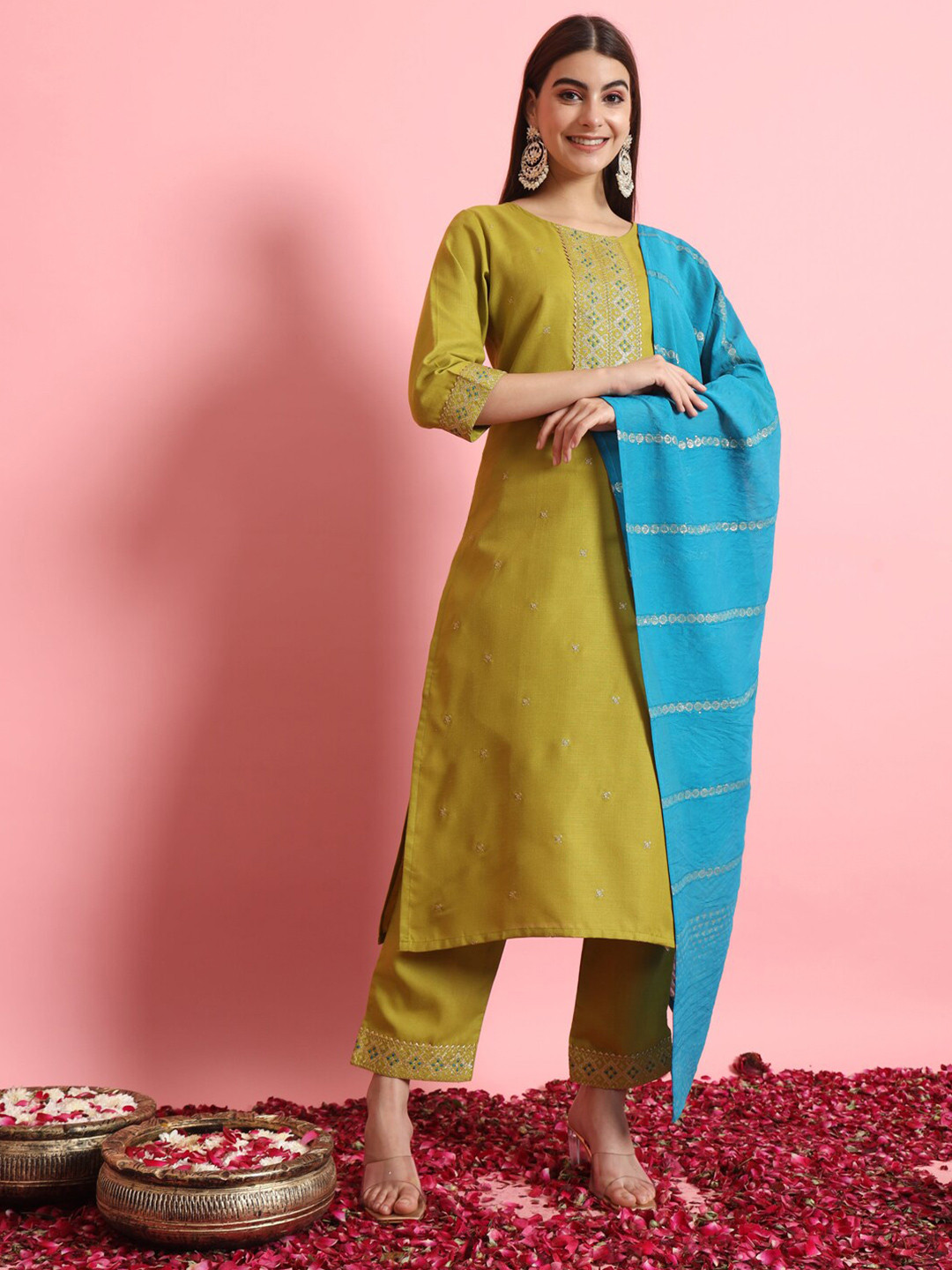VredeVogel Floral Embroidered Gotta Patti Straight Kurta with Trouser & Dupatta