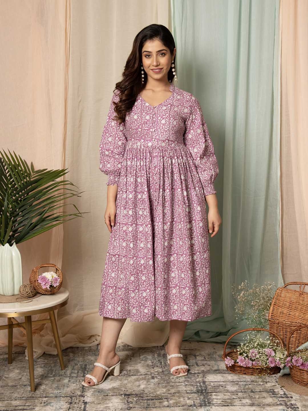 Buy Mulmul Purple Floral Print Cotton Fit Flare Midi Dress Dresses for Women 26811132 Myntra
