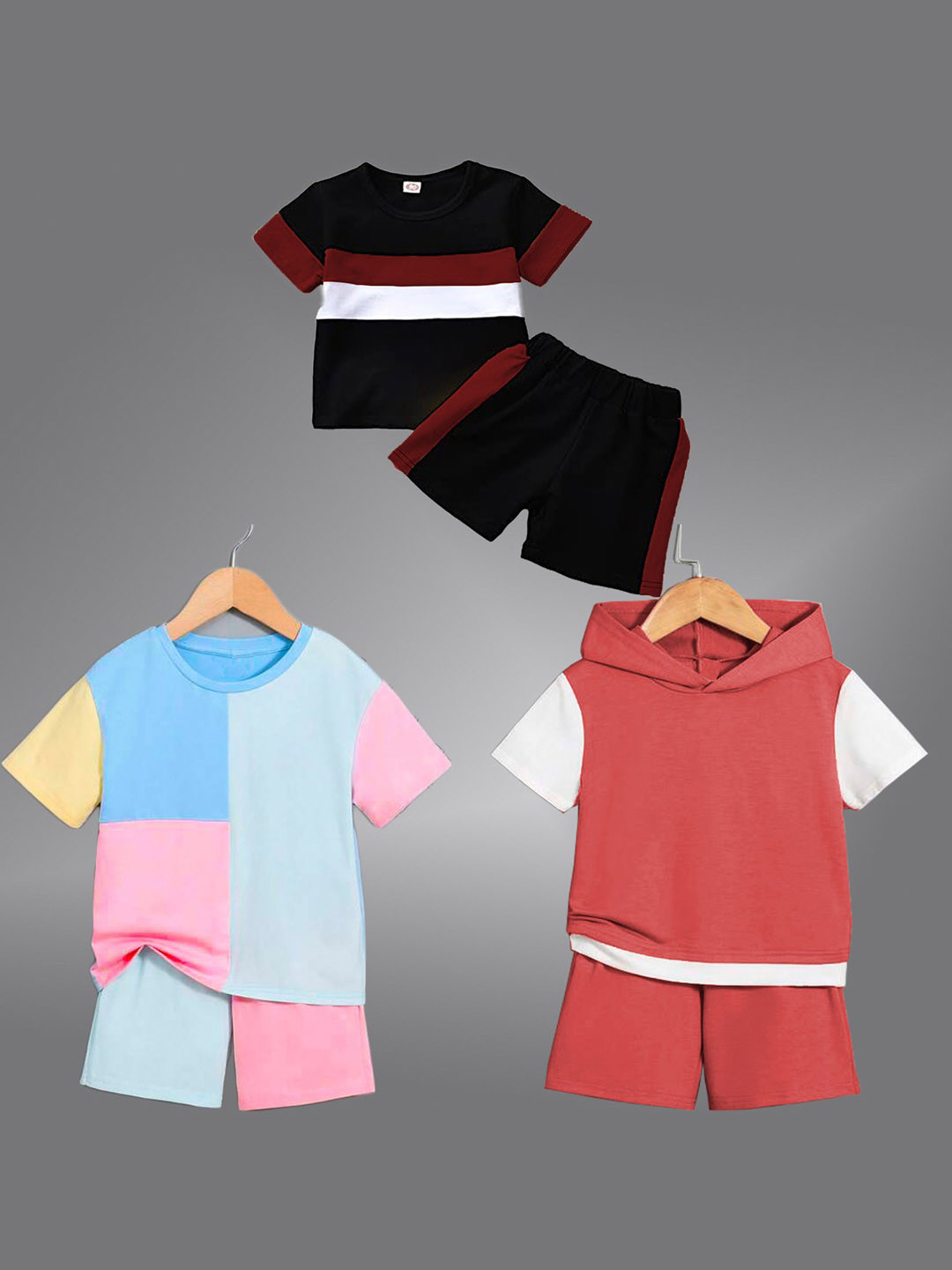 BAESD Unisex Kids Blue & Brown Colourblocked T-shirt with Shorts