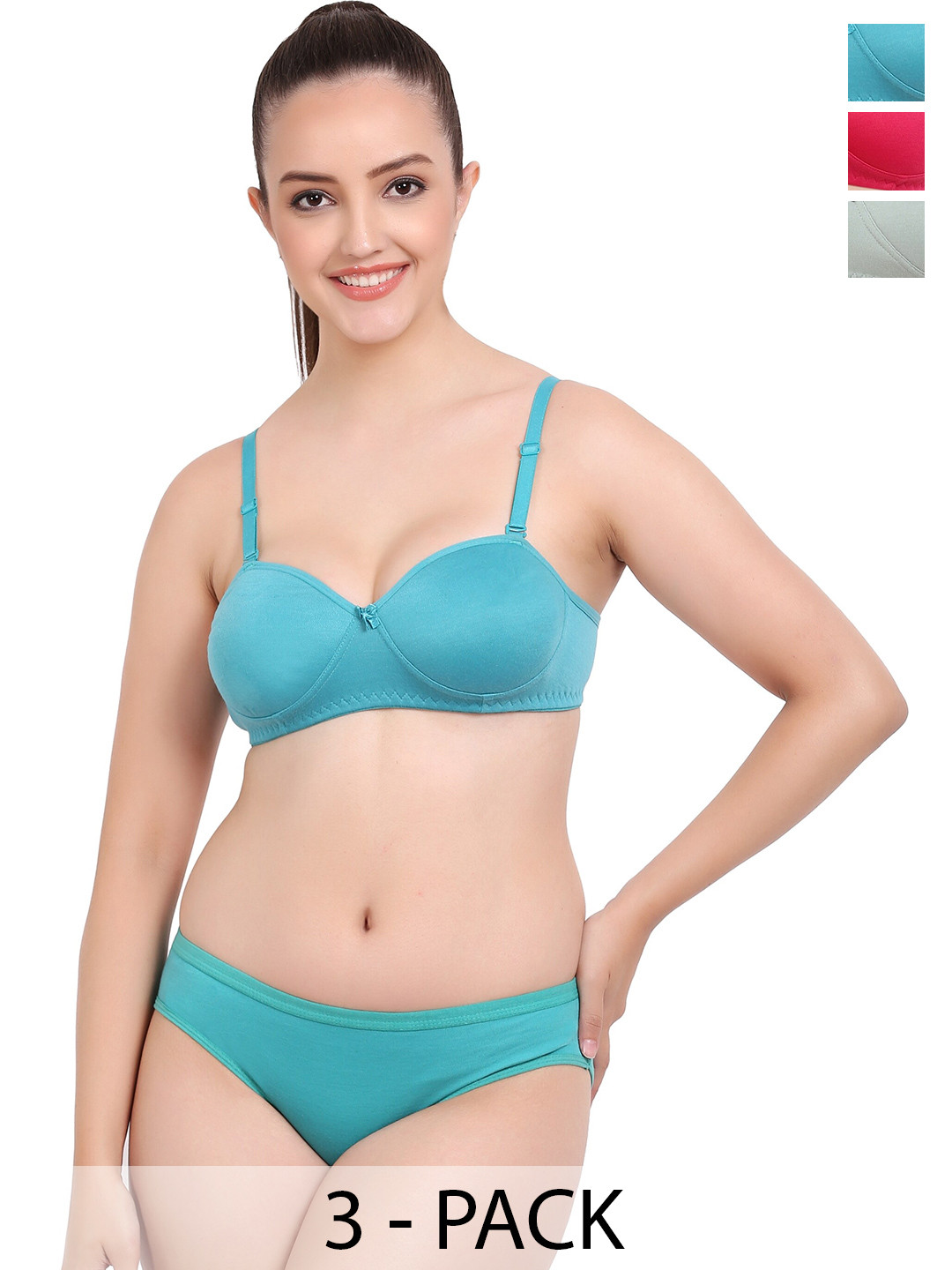 AROUSY Pack Of 3 Cotton Lingerie Set Demi-Set_Red,Green,D-Blue