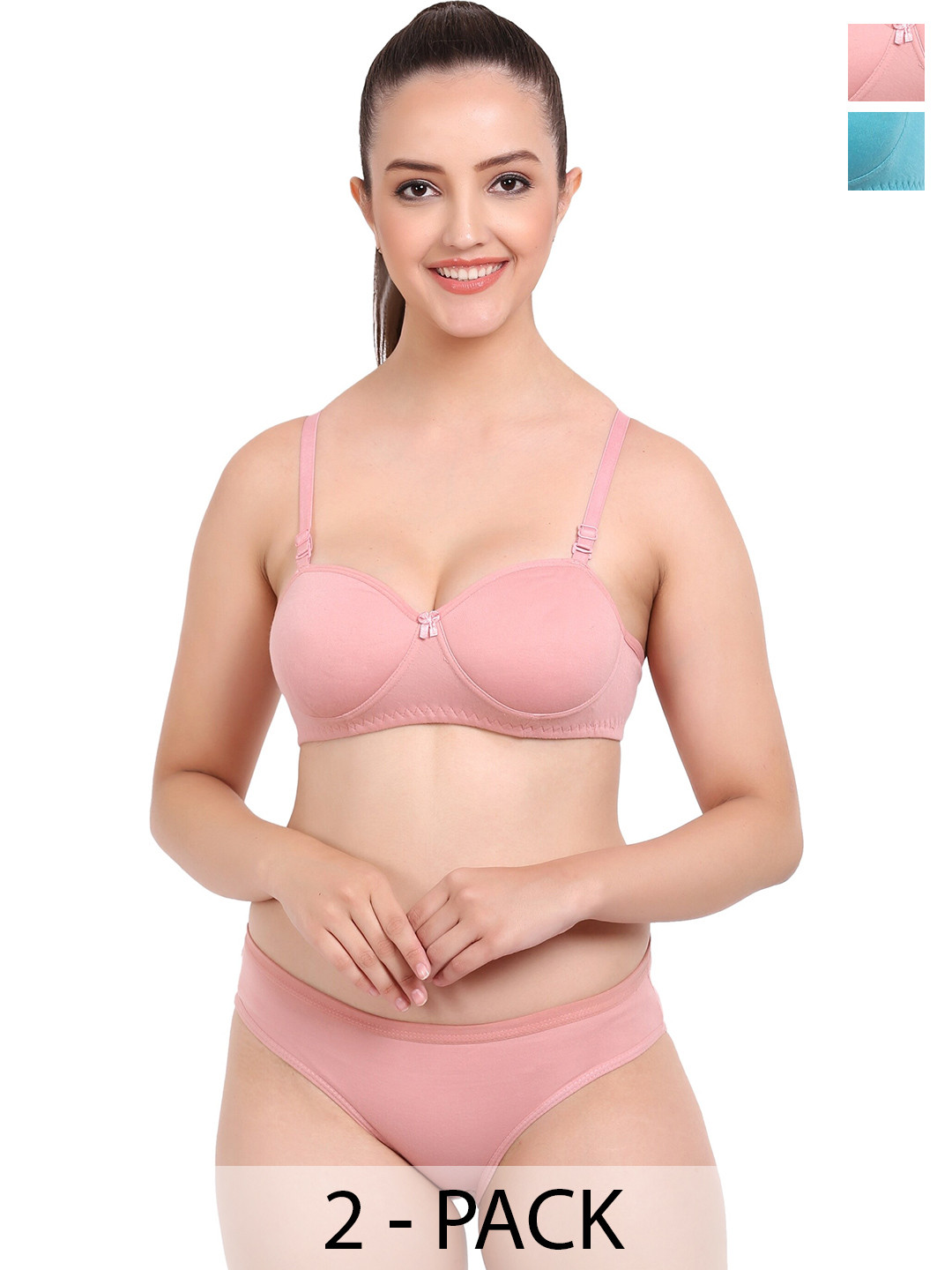 AROUSY Pack Of 2 Cotton Lingerie Set-Demi-Set_Pink,D-Blue