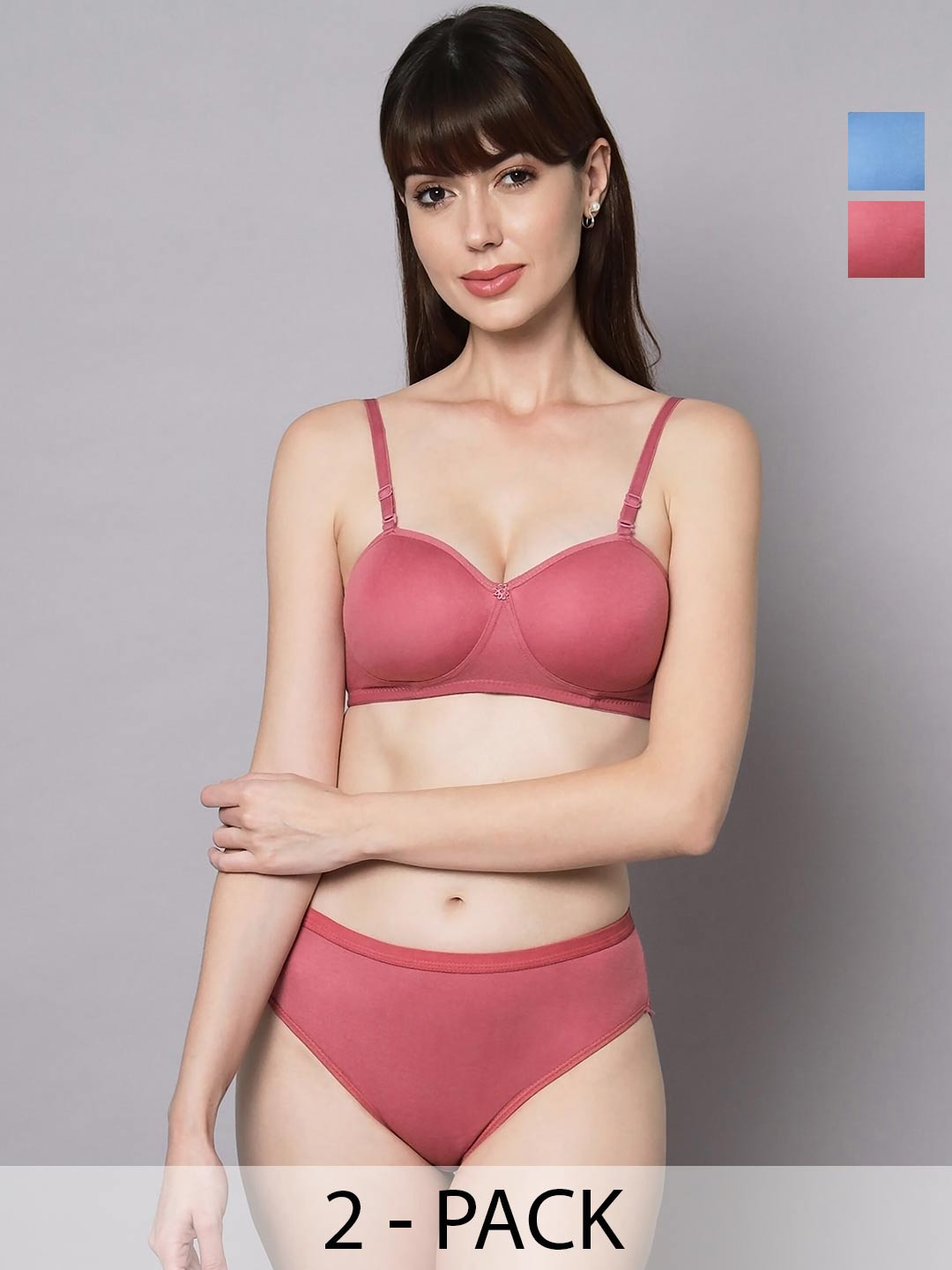 AROUSY Pack Of 2 Lightly Padded Cotton Lingerie Set Demii-Set_Red,Blue