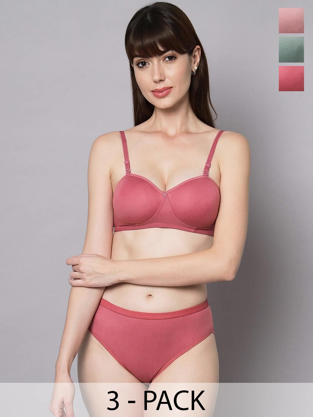 AROUSY Pack Of 3 Lightly Padded Cotton Lingerie Set Demii-Set_Red,Pink,Green