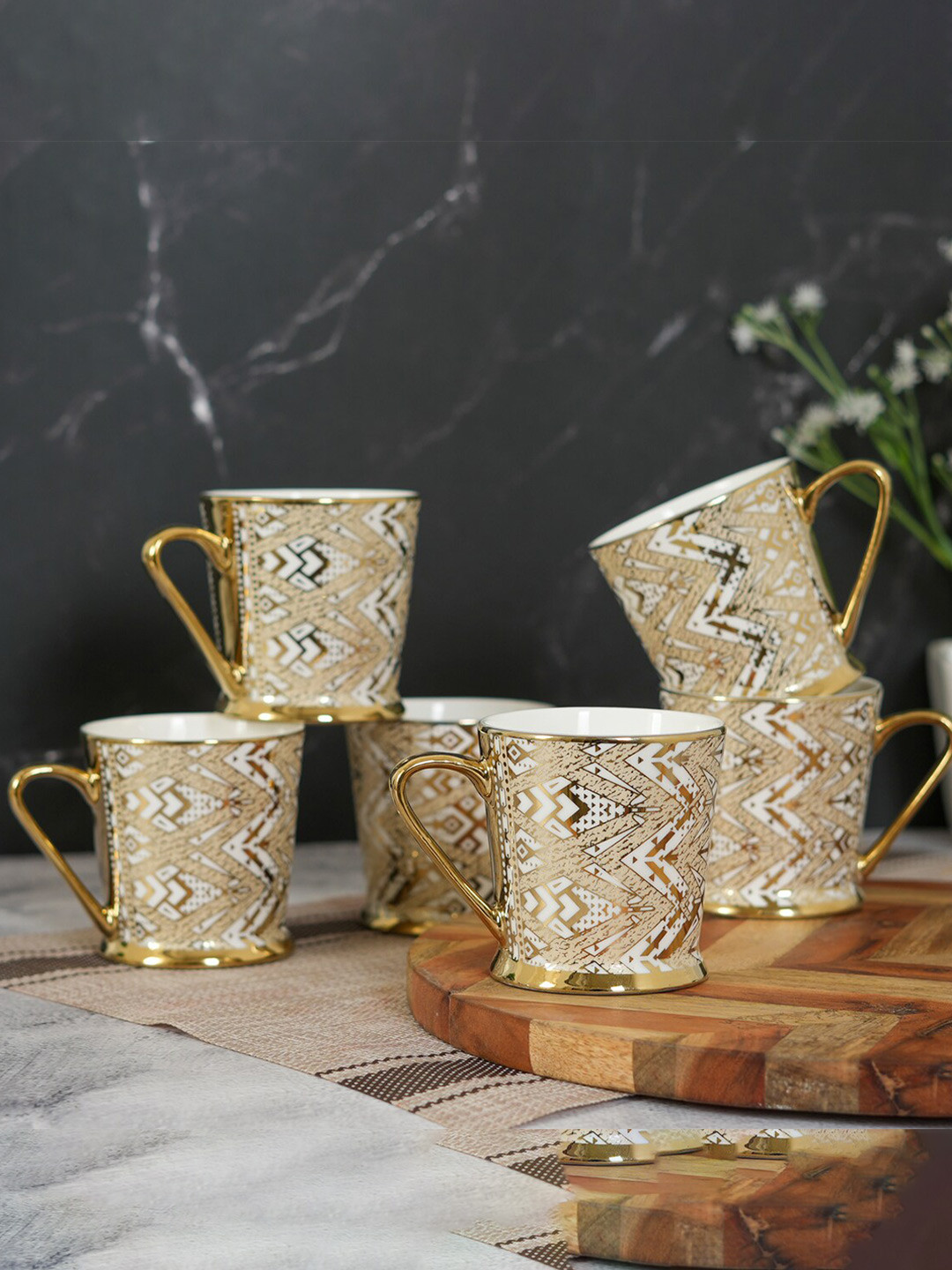 Femora Sweet Bhabhi Gold Geometric Ceramic Microwave Safe 6 Piece Mugs-180ml