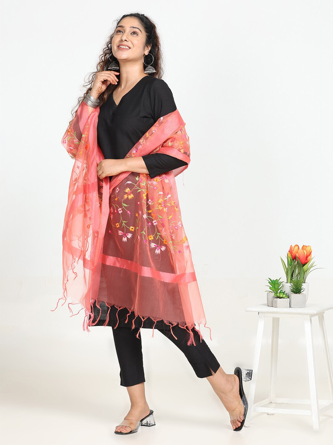 HELLA FASHIONS Floral Embroidered Organza Dupatta