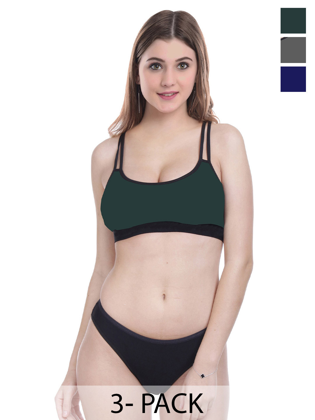 AROUSY Pack Of 3 Non Padded Cotton Lingerie Set DD-Sett_Green,Blue,Grey