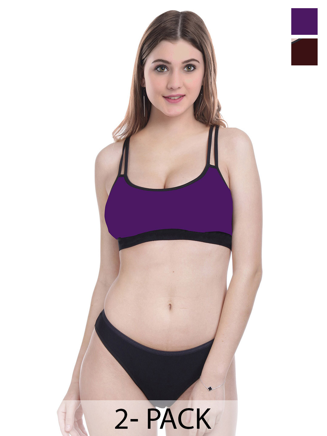 AROUSY Pack Of 2 Non Padded Cotton Lingerie Set DD-Sett_Purple,Maroon