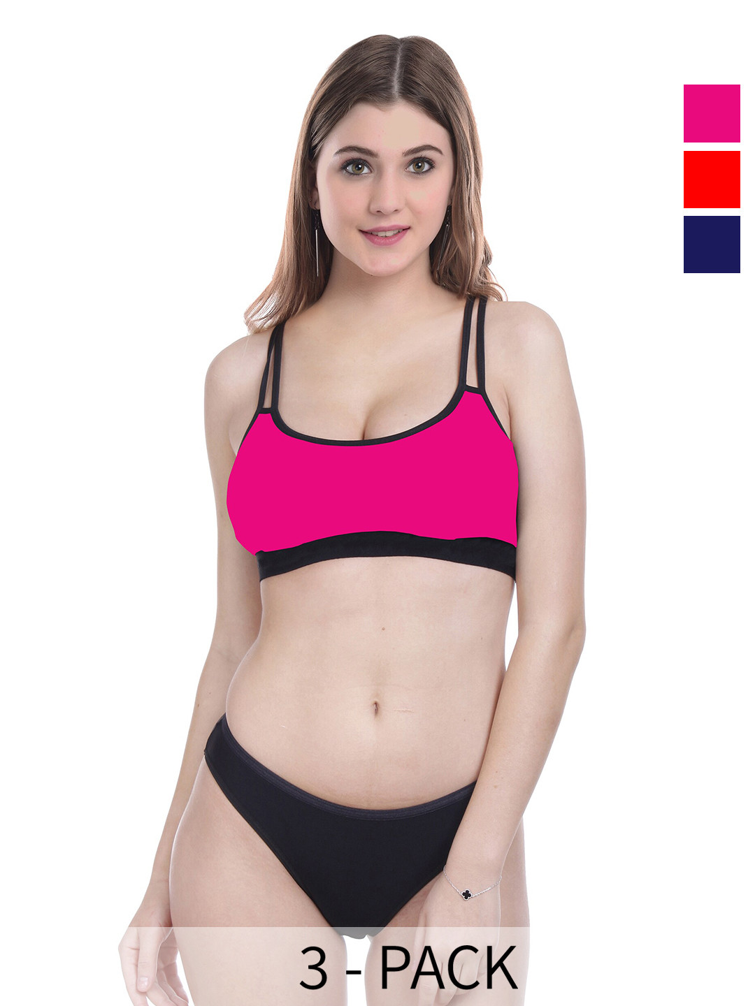 AROUSY Pack Of 3 Non Padded Cotton Lingerie Set DD-Sett_Red,Pink,Blue