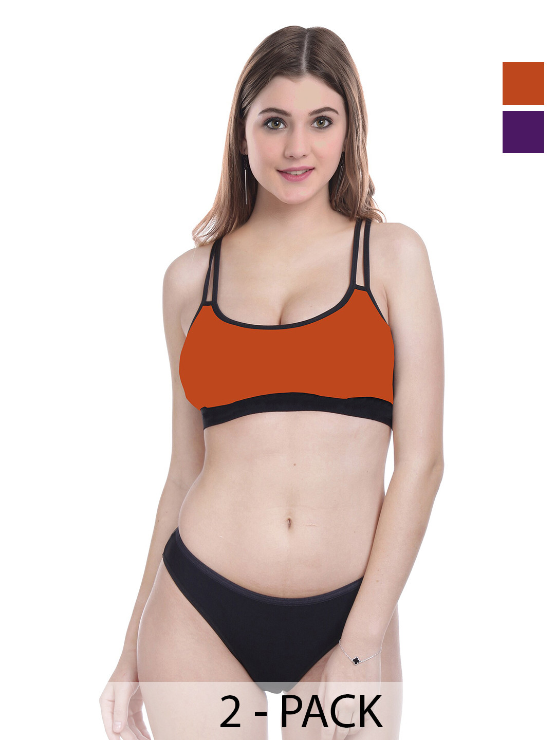 Aamarsh Pack Of 2 Cotton Lingerie Set A_DD-Sett_Purple,Orange