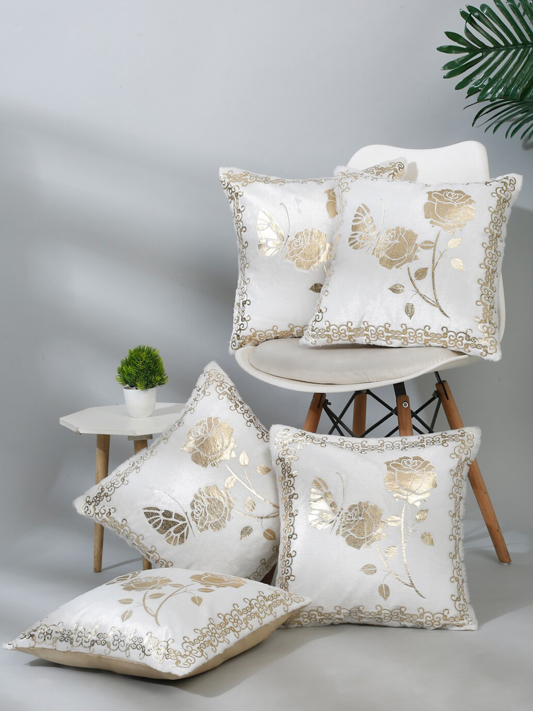 NISRAG HOME Off White Floral Polyester Quick-Dry 5 Pcs Cushion Covers - 16 x 16 Inches
