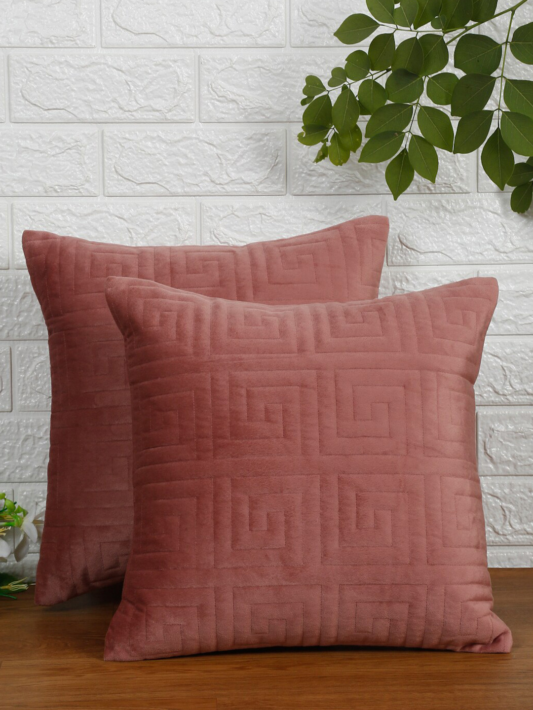 NISRAG HOME Pink Geometric Velvet Quilted 2 Piece Textured Square Cushion Covers -16x16In