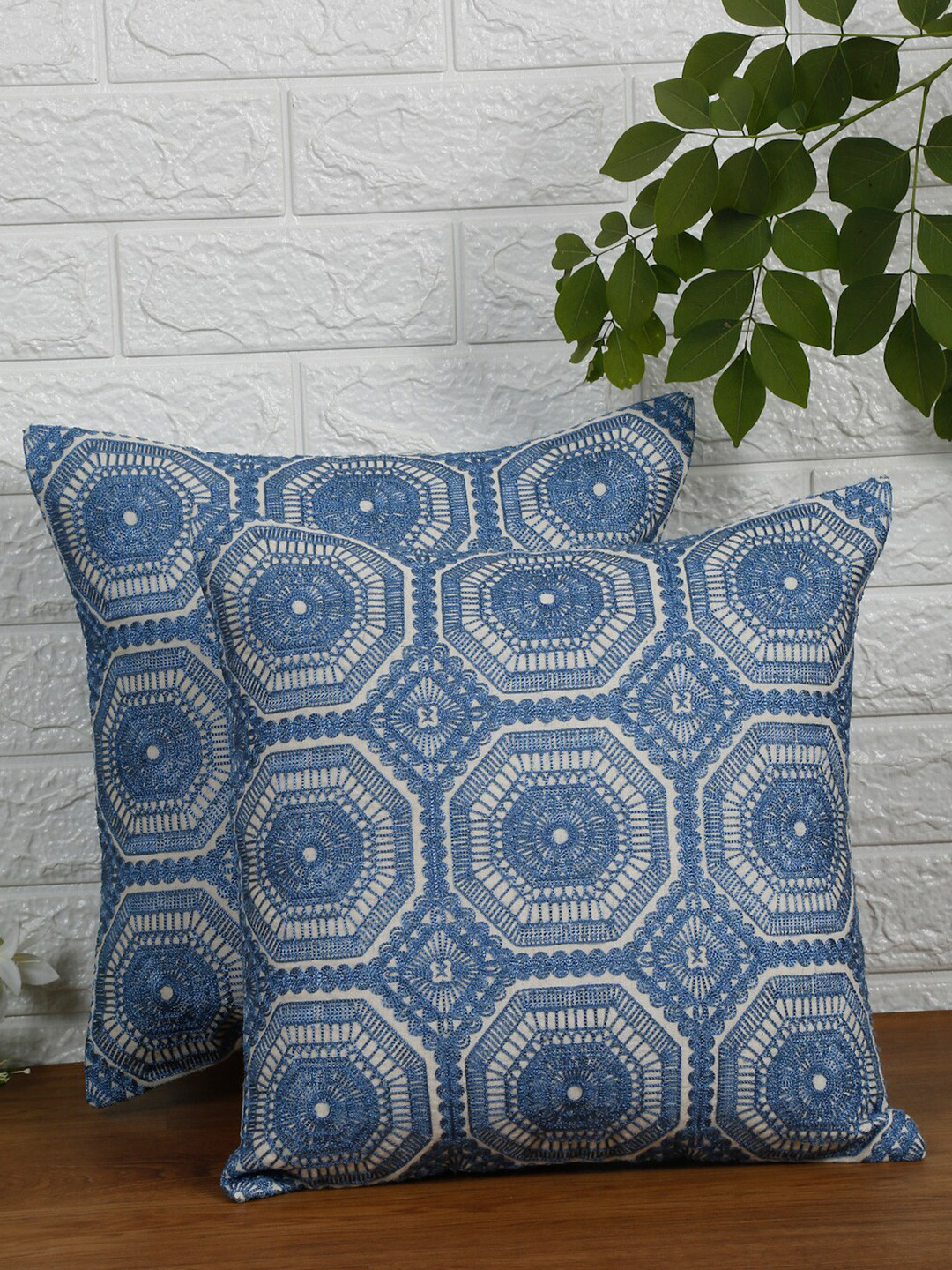 NISRAG HOME Light-Weight Blue Cotton 2 Piece Embroidered Square Cushion Covers -16x16In