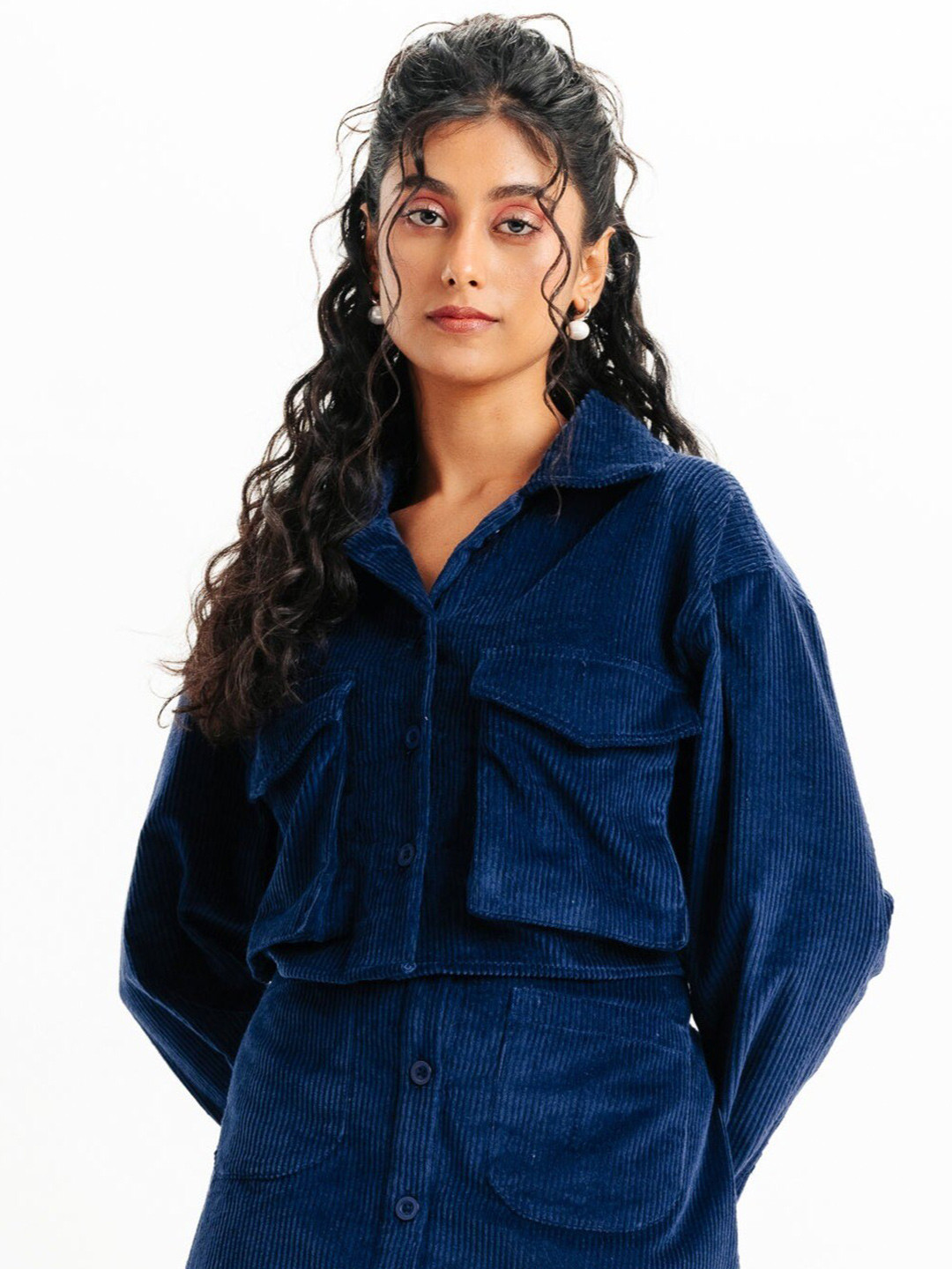 FREAKINS Blue Solid Crop Corduroy Jacket