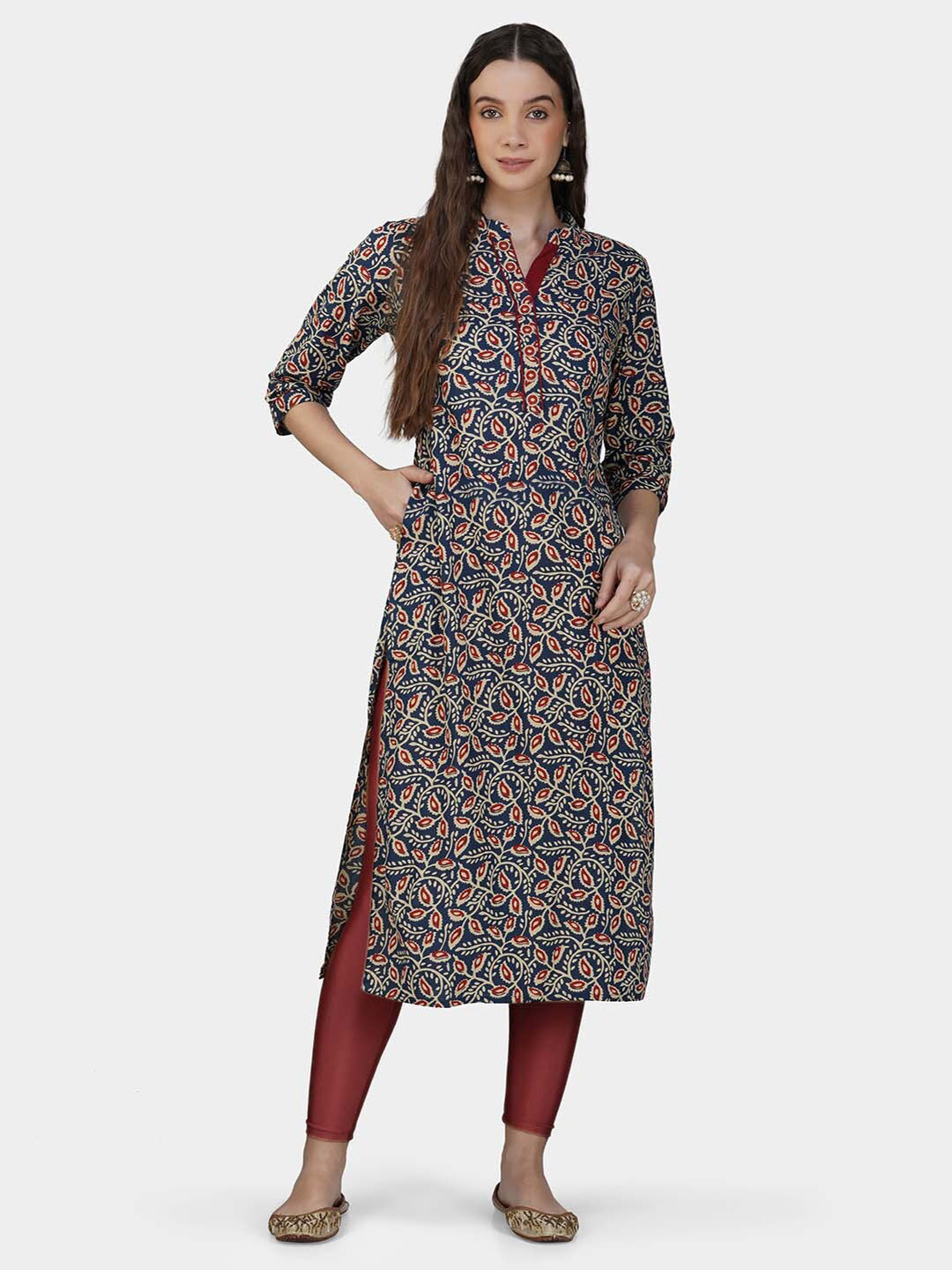 INDIAN KNOTS Blue & Maroon Floral Printed Pure Cotton Kurta
