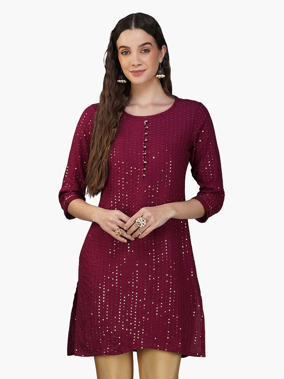 INDIAN KNOTS Round Neck Sequinned Straight Kurti