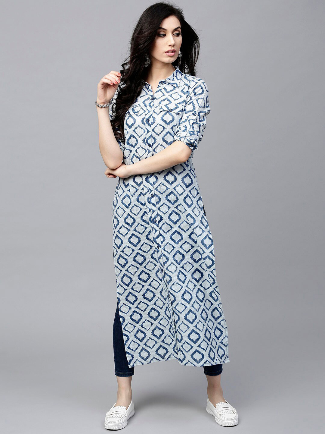 Anouk Geometric Printed Cotton Long  Straight Kurta