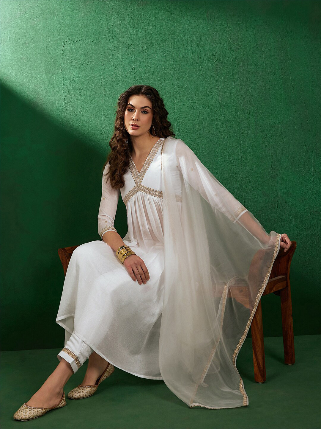 Sangria Alia Cut Zari Embroidered Empire A-Line Kurta With Trousers & Dupatta