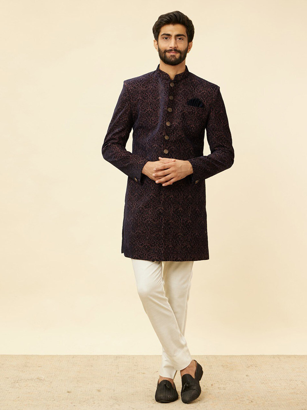 Manyavar Embroidered Velvet Sherwani With Trousers