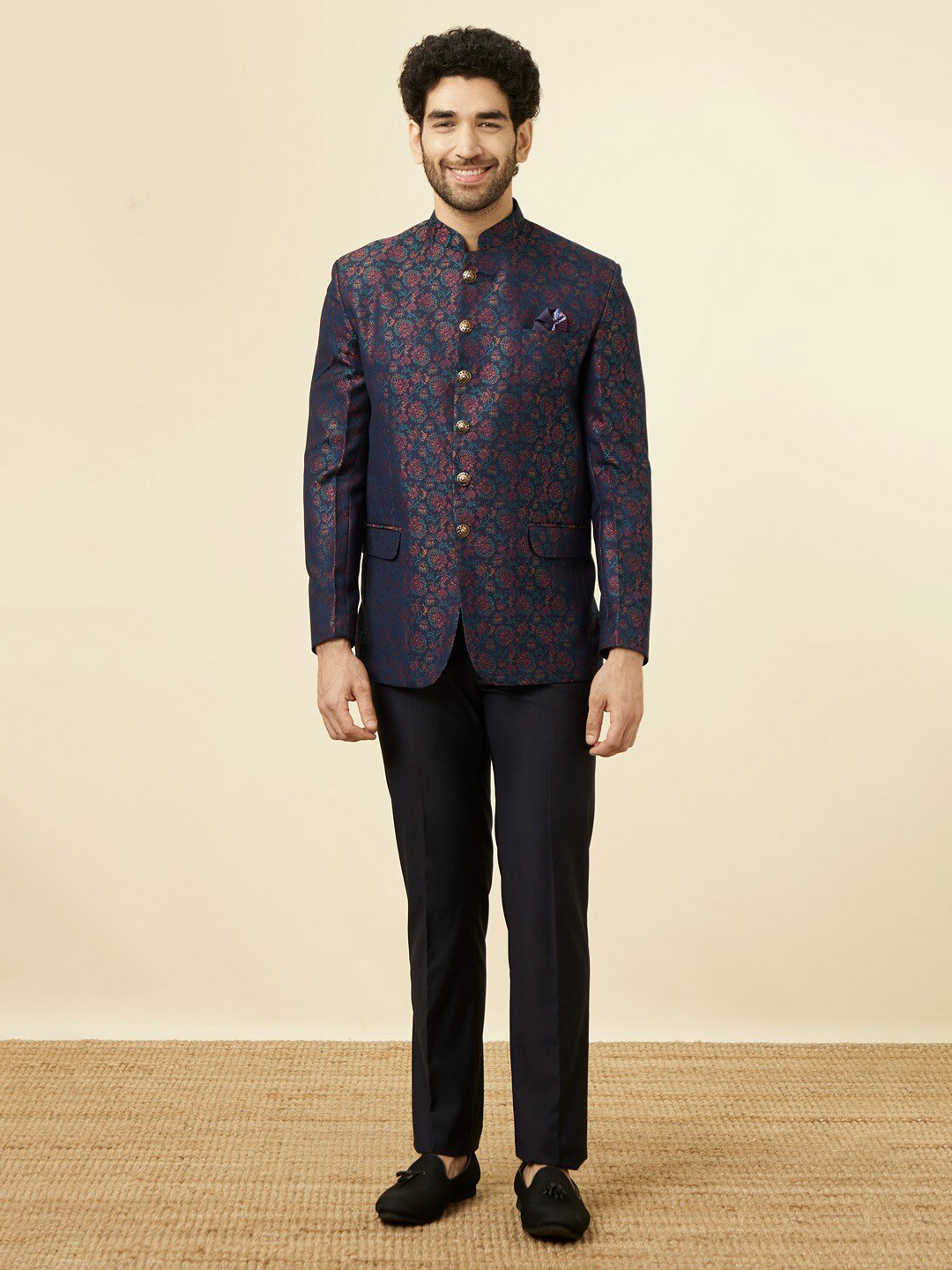 Manyavar Blue Blazer Manyavar Self-Designed Single-Breasted