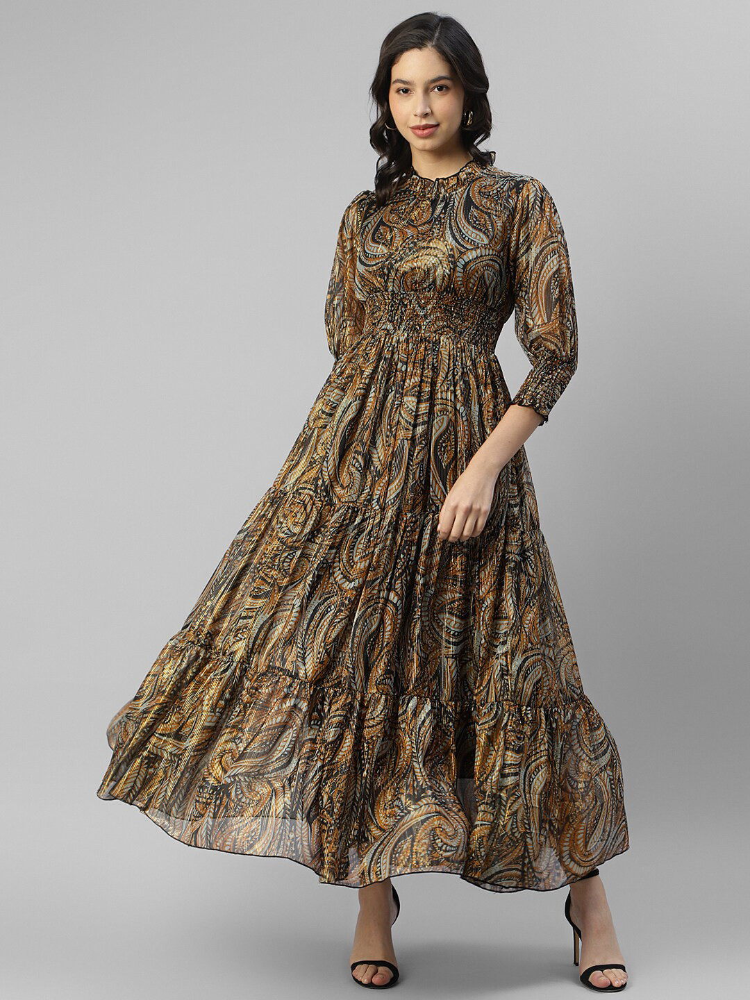 DEEBACO Ethnic Motifs Printed Halter Neck Chiffon Maxi Dress