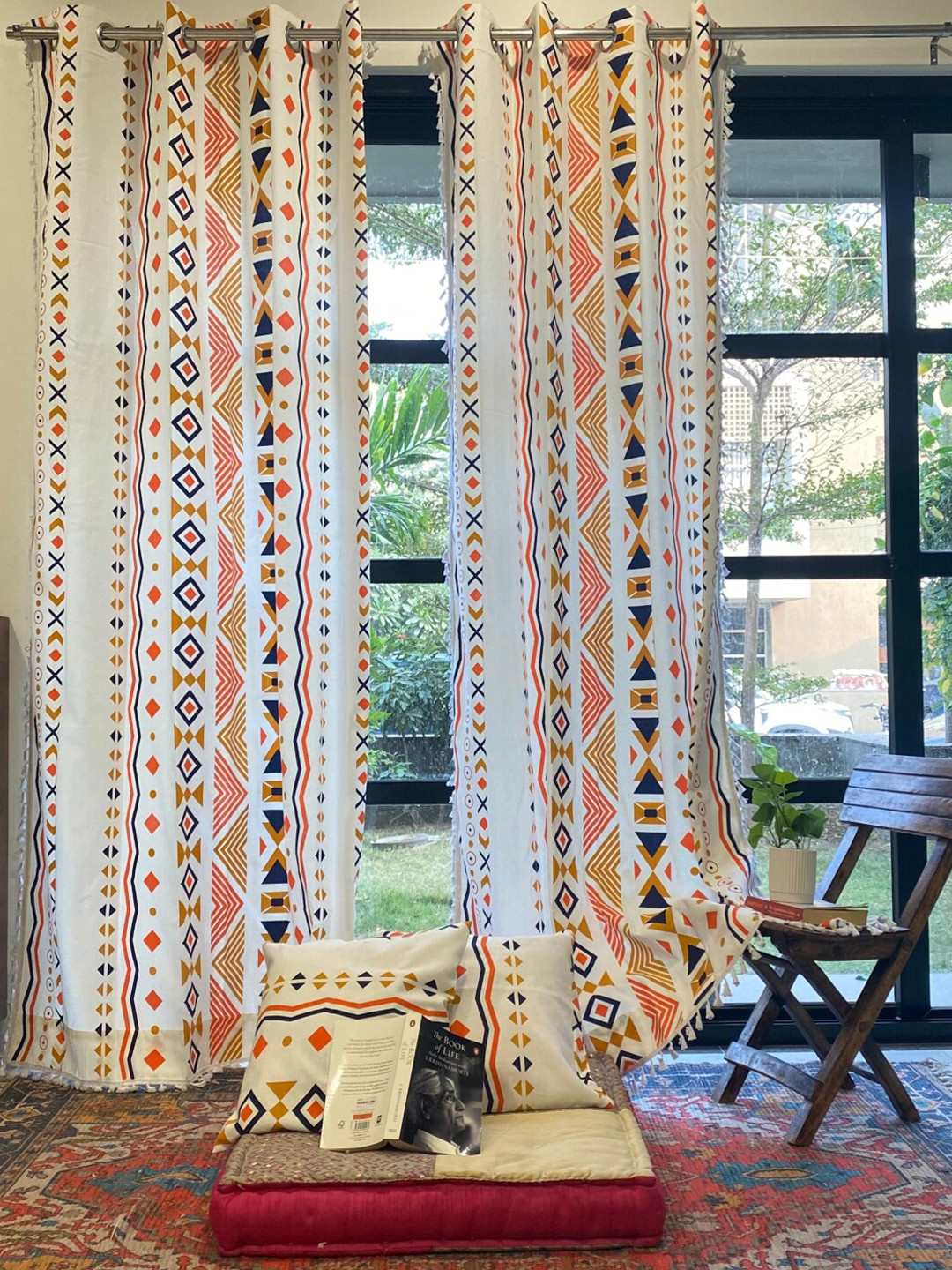 URBAN SPACE White 4 Pieces Boho Printed Window Curtain with Cushion Covers