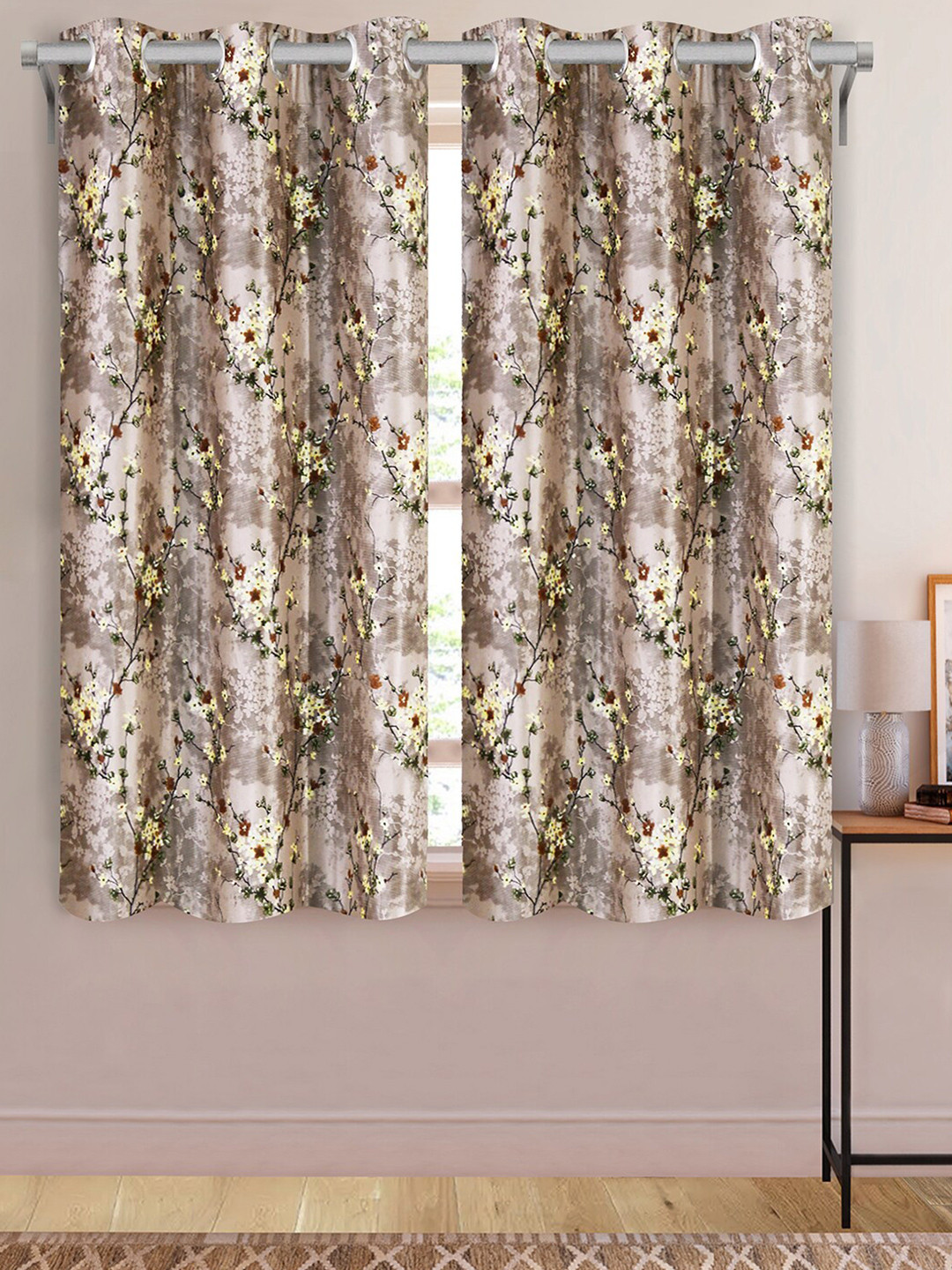 Aura Grey & Yellow 2 Pcs Floral Window Curtains