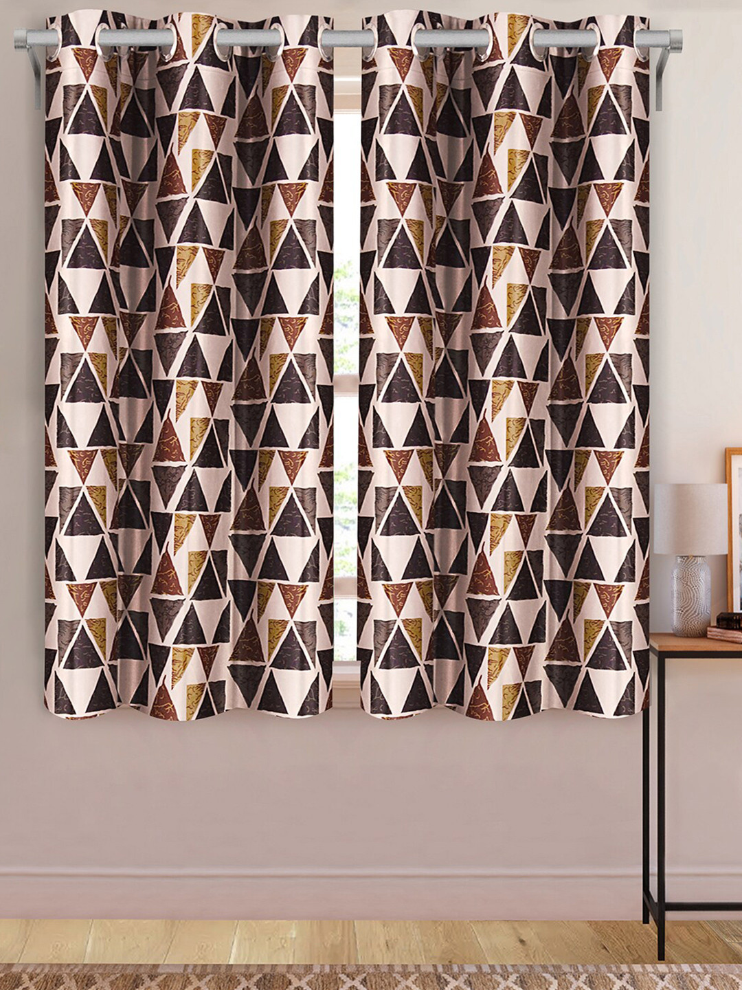 Aura Beige & Brown 2 Pcs Geometric Printed Window Curtains