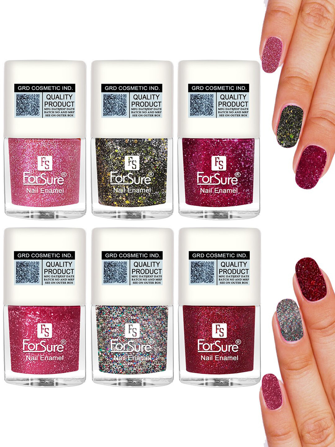 ForSure Set Of 6 High-Shine Long-Lasting Glitter Nail Polish - 5ml Each