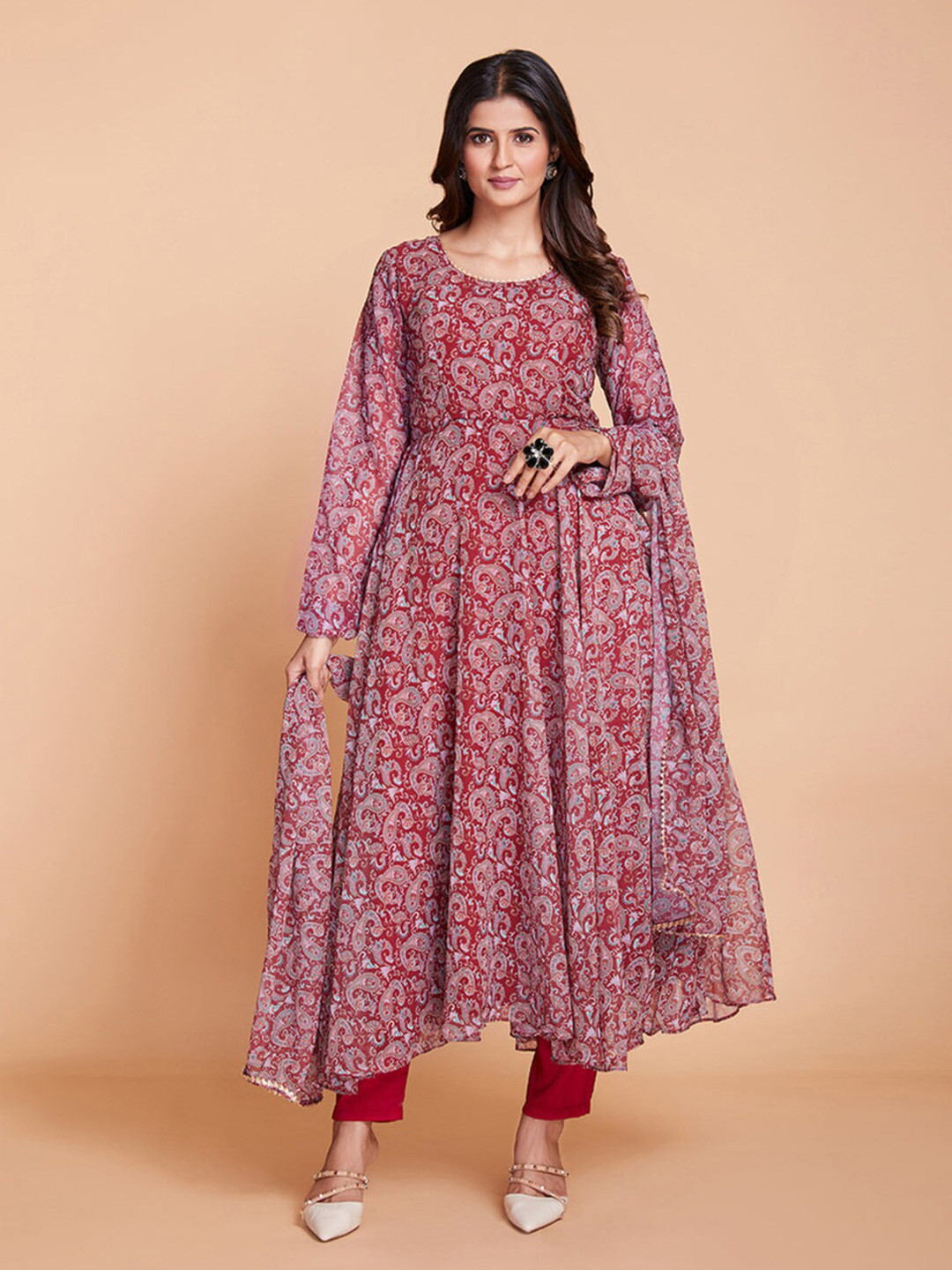 Tulip Eden Ethnic Motifs Printed Round Neck Georgette Kurta With Dupatta
