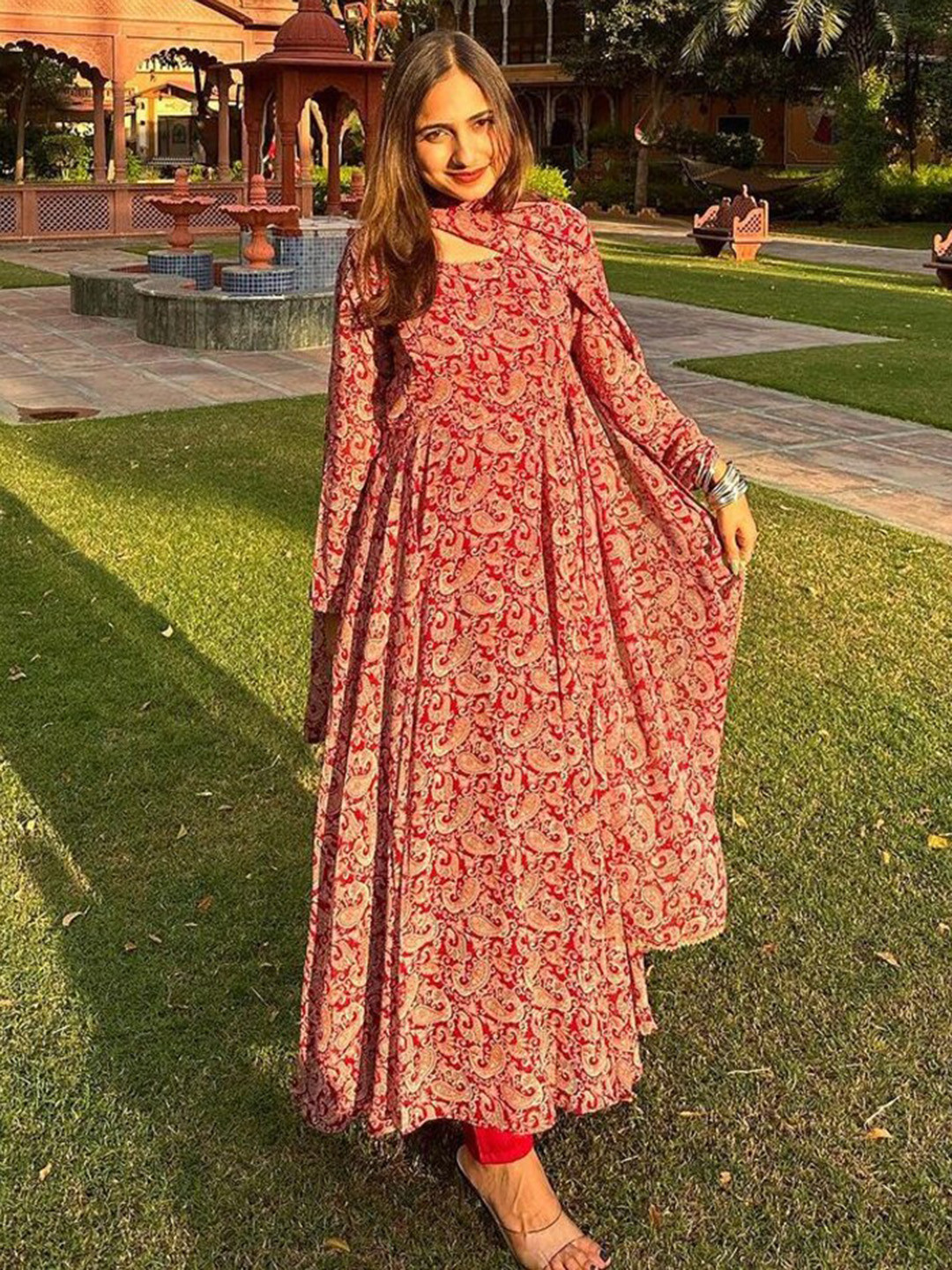 Tulip Eden Women Maroon Floral Printed Flared Sleeves Sequinned Georgette Kurta