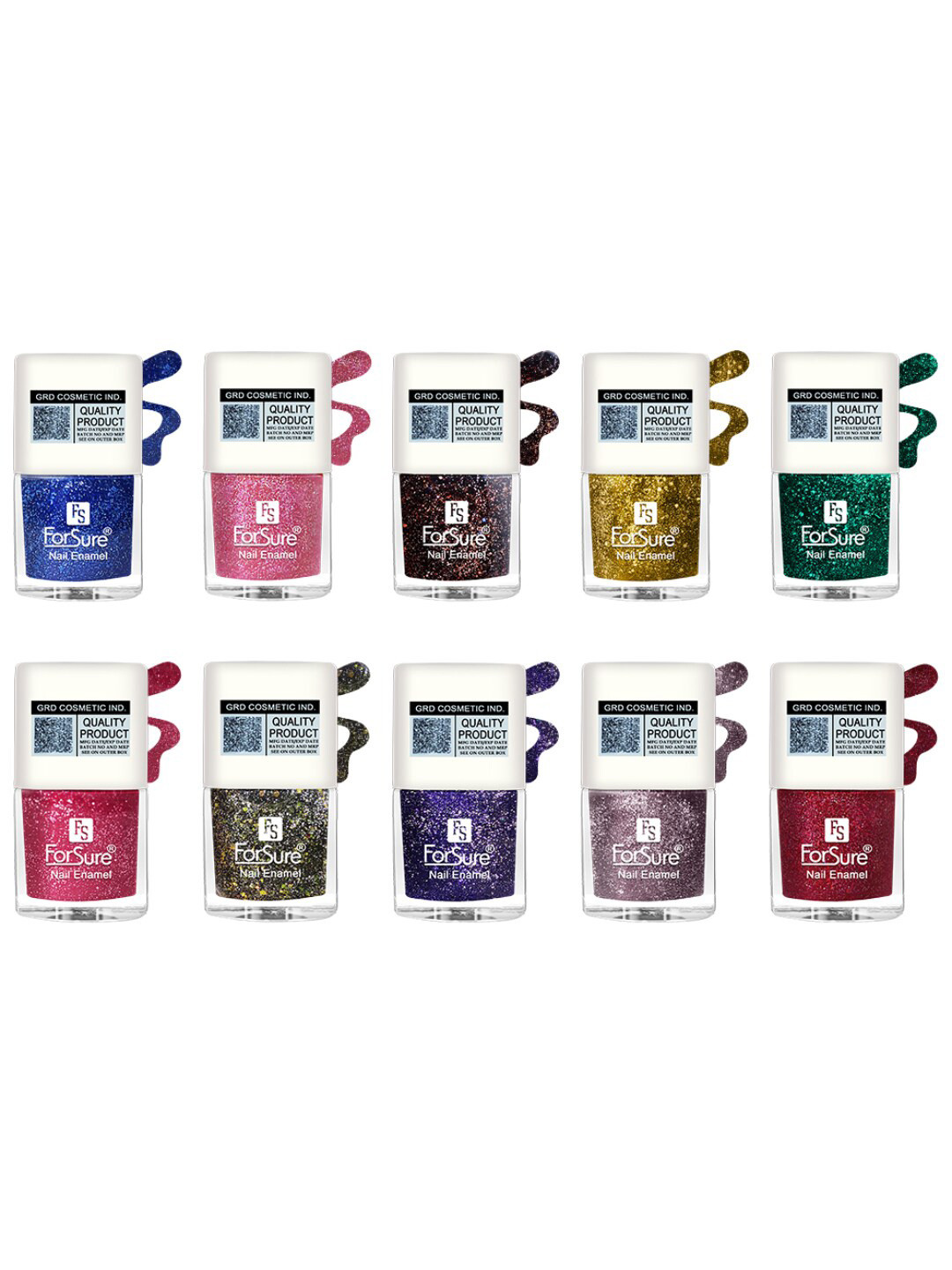 ForSure Set Of 10 High-Shine Long-Lasting Glitter Nail Polish - 5ml Each