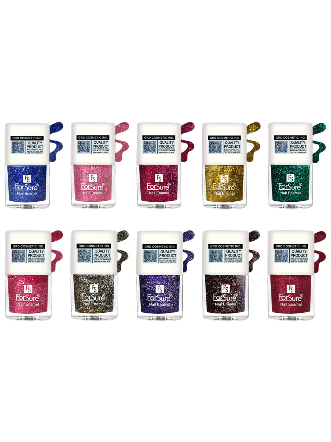 ForSure Set Of 10 High-Shine Long-Lasting Glitter Nail Polish - 5ml Each