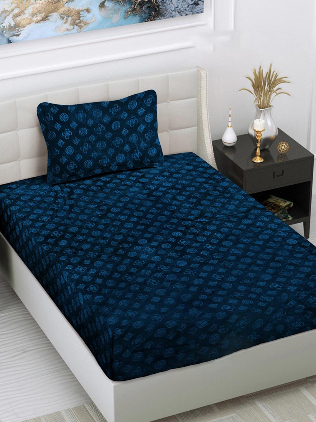 FABINALIV Navy Blue Geometric Wool 300 TC Single Fine Bedsheet with a Pillow Cover-89 x 59 inches