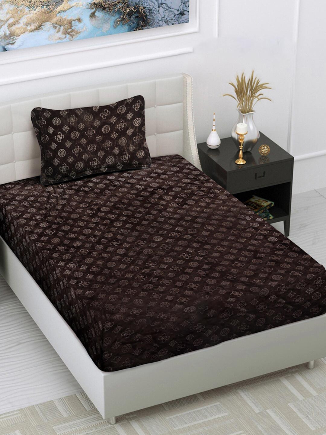 FABINALIV Woollen Embossed Coffee Brown Geometric Wool 300 TC Single Fine Bedsheet with a Pillow Cover-89 x 59 inches