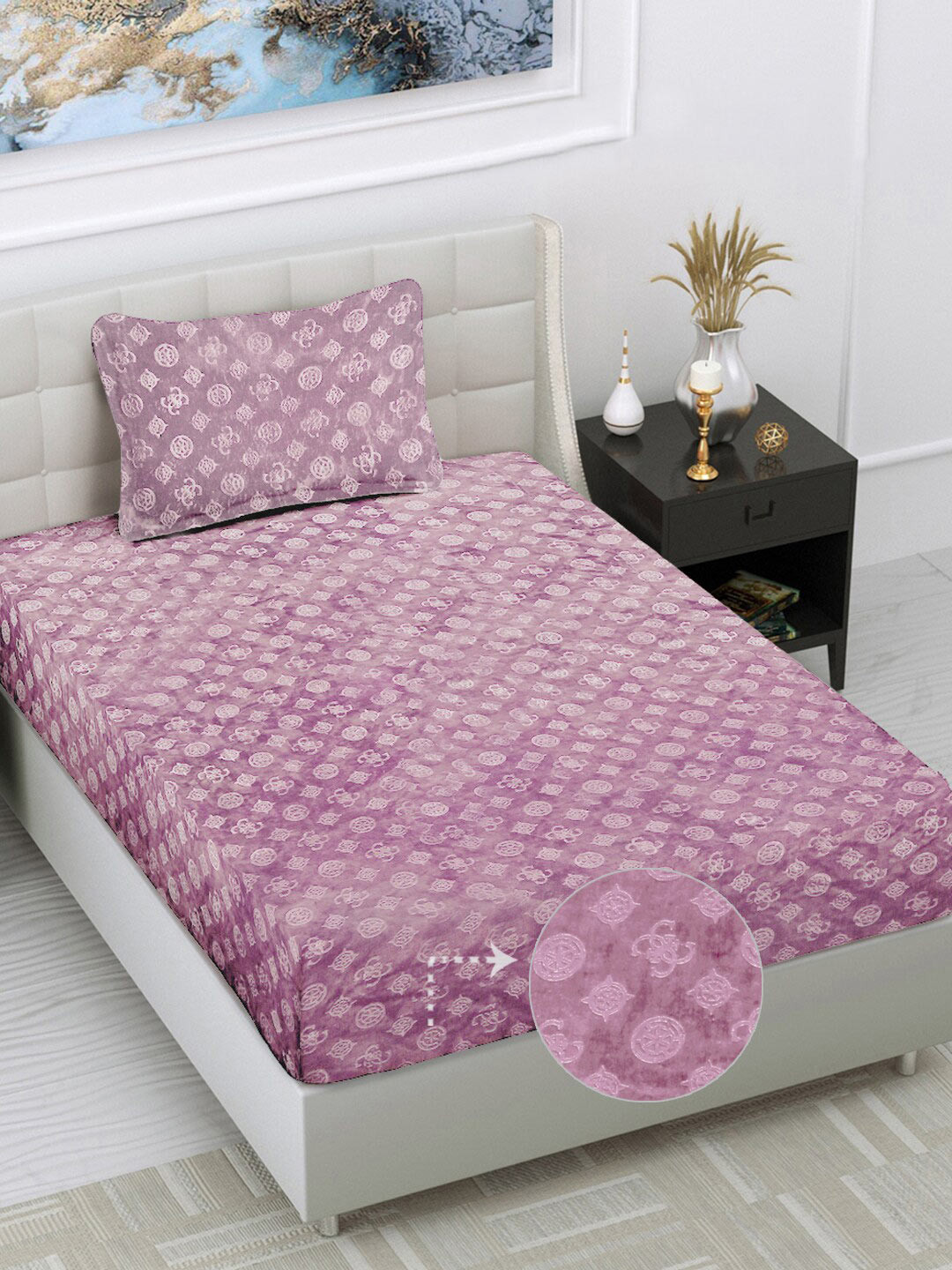 FABINALIV Embossed Pink Geometric Wool 300 TC Single Fine Bedsheet with a Pillow Cover-89 x 59 inches