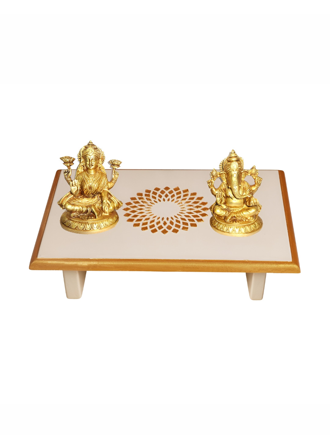 Lal Haveli Off White & Gold-Tone Wooden Pooja Chowkie