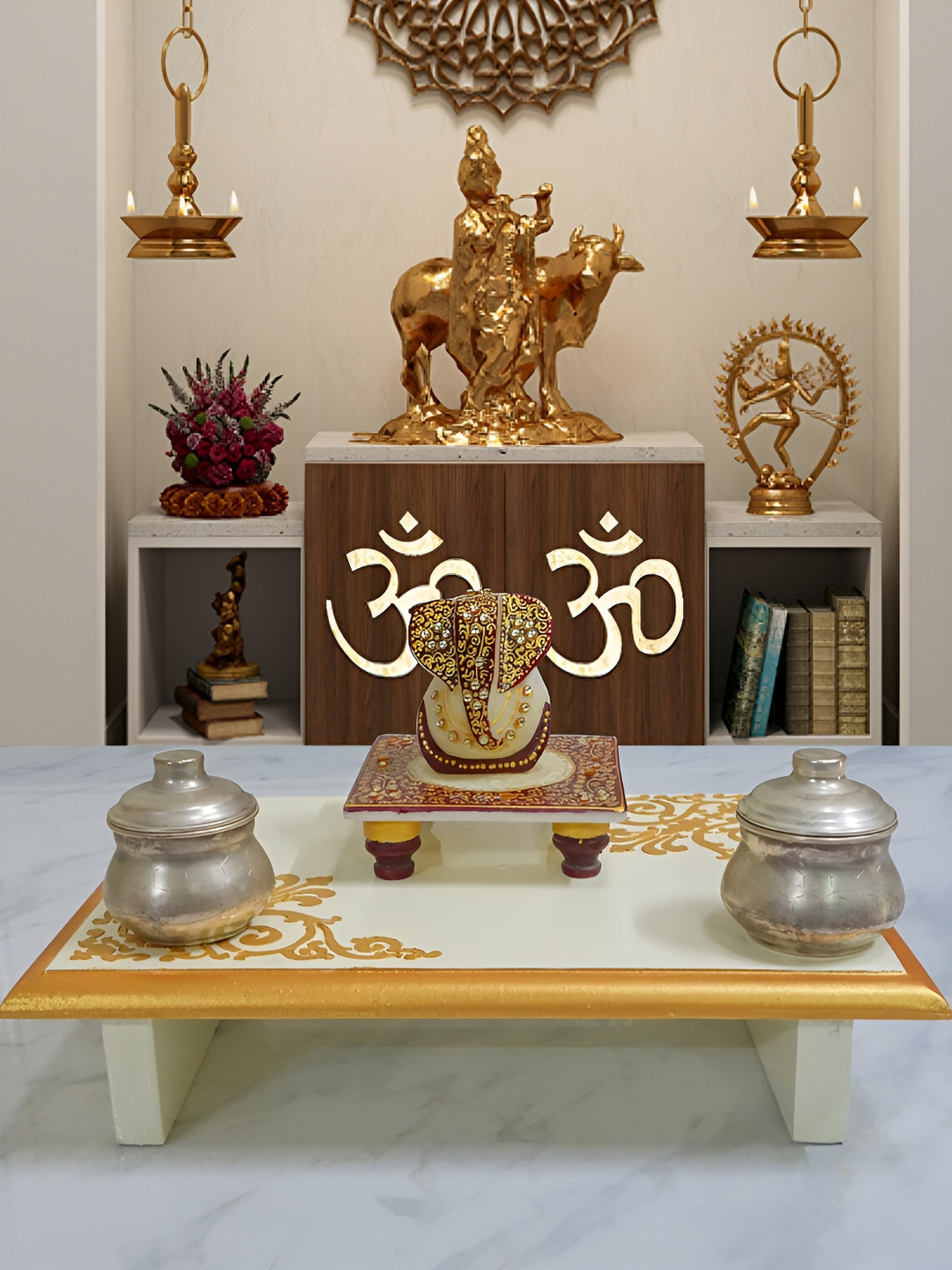 Lal Haveli Peetalu   Off White Wooden Pata Stool For God