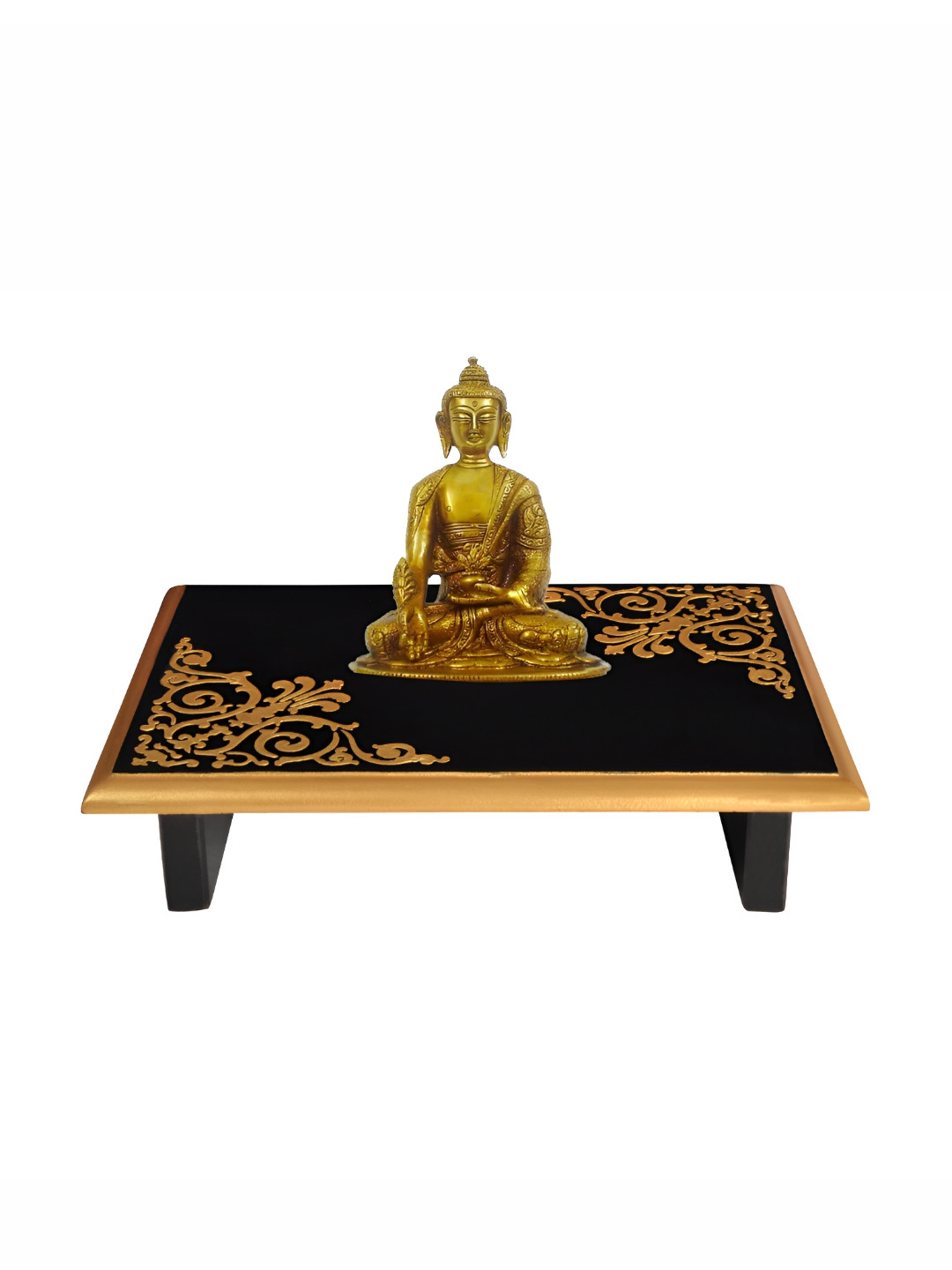 Lal Haveli Black & Gold-Tone Wooden Chowkie Sitting Stool